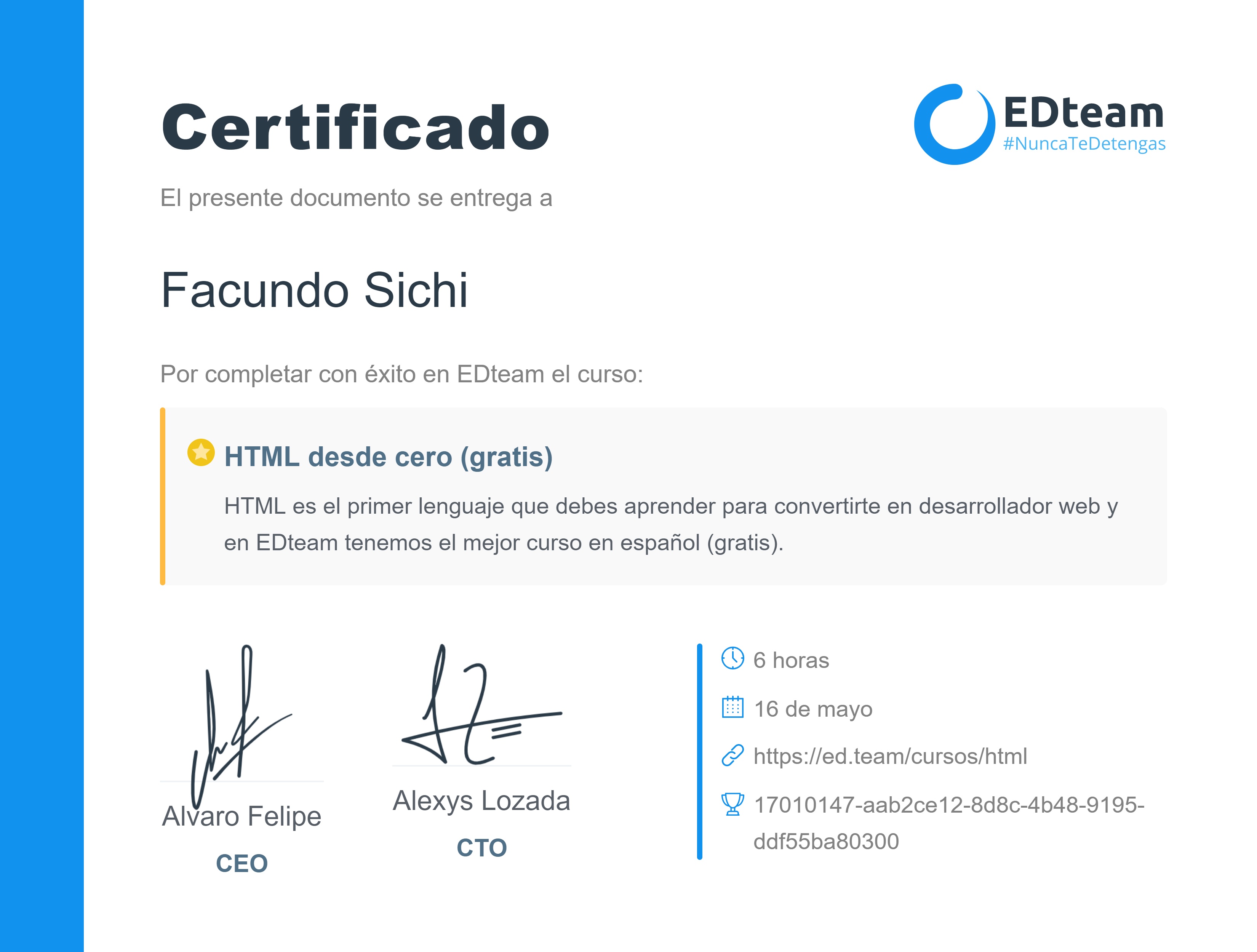 Certificado de Facundo Sichi del curso HTML desde cero 2018 (gratis) (2018)