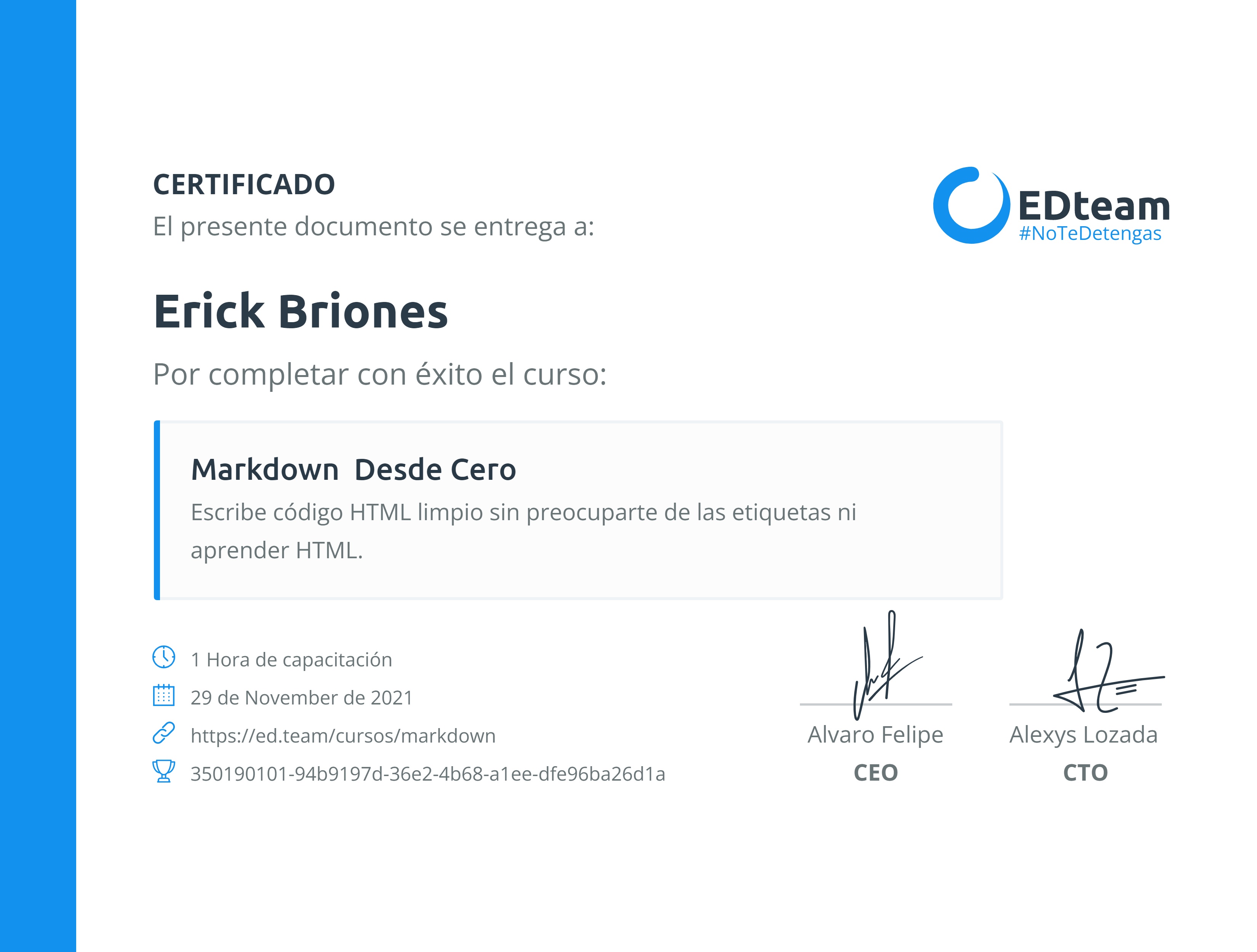 Certificado de Erick Briones del curso Markdown desde cero (Gratis)