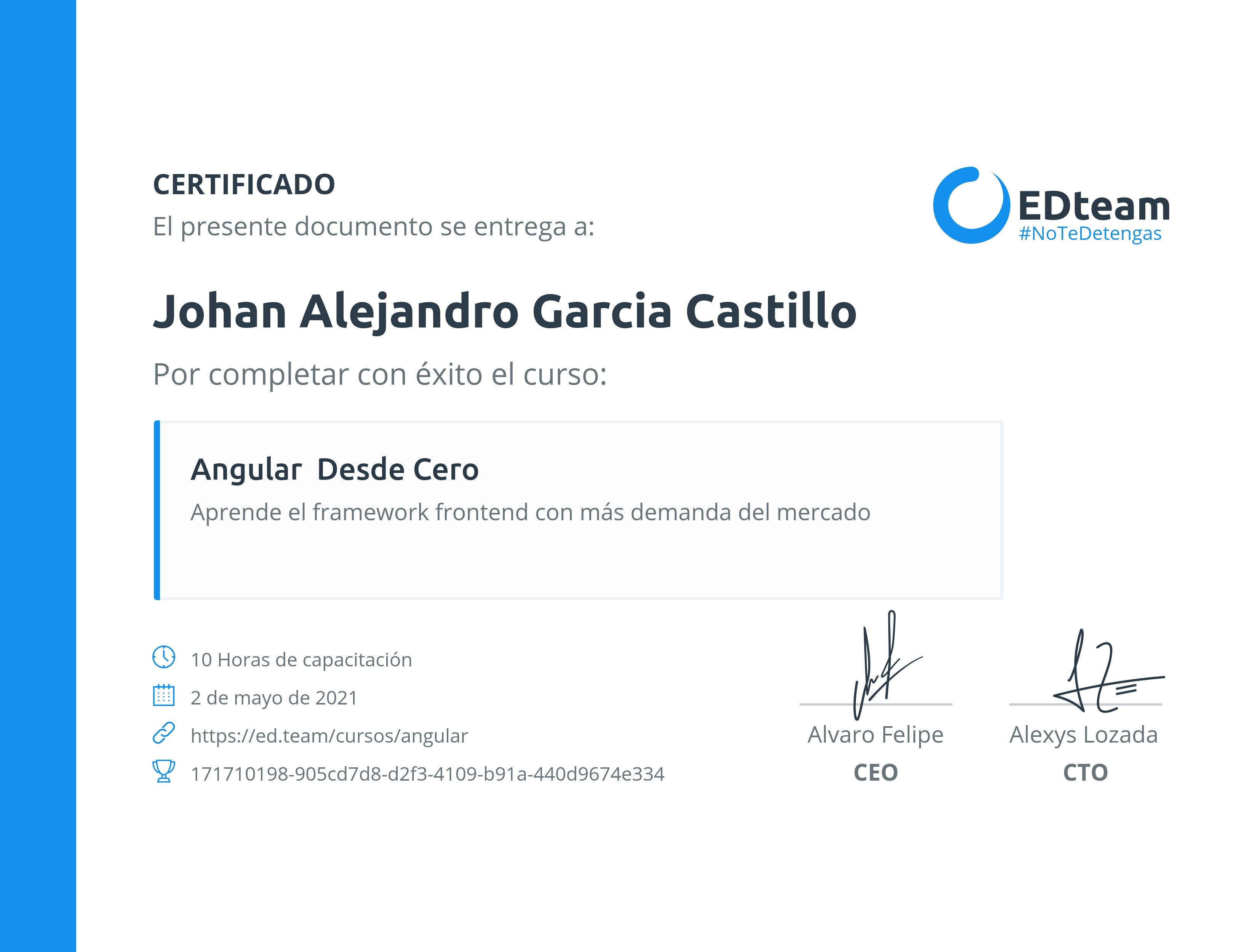 Certificado de Johan Alejandro Garcia Castillo del curso Angular Desde Cero