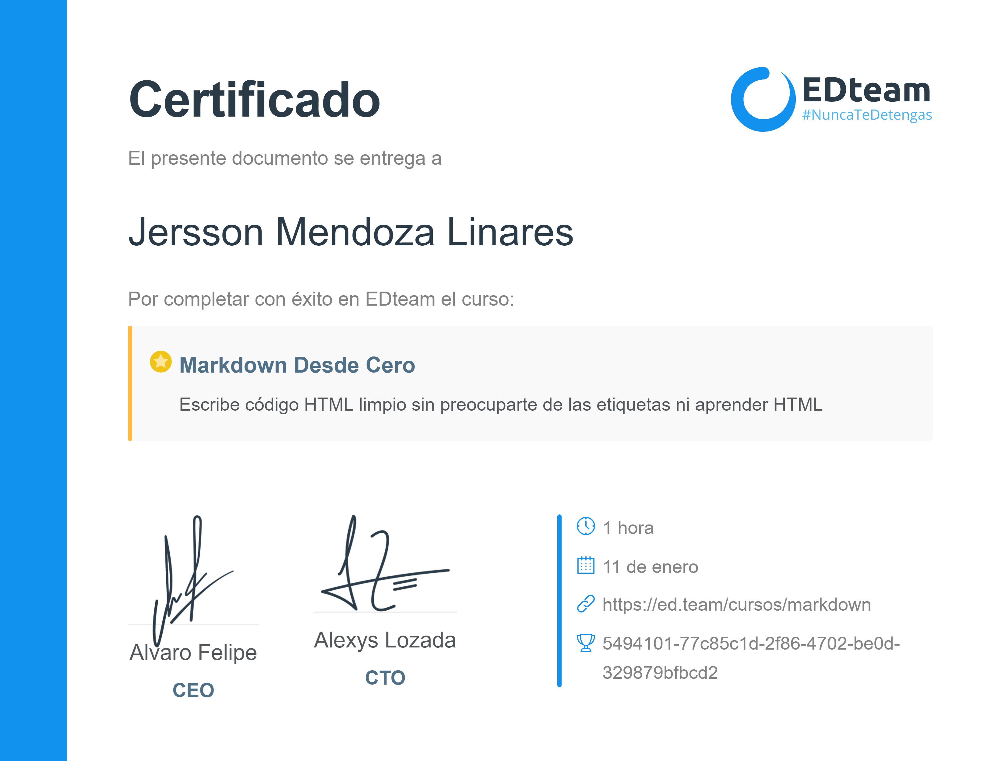 Certificado de Jersson Mendoza Linares del curso Markdown desde cero (Gratis)