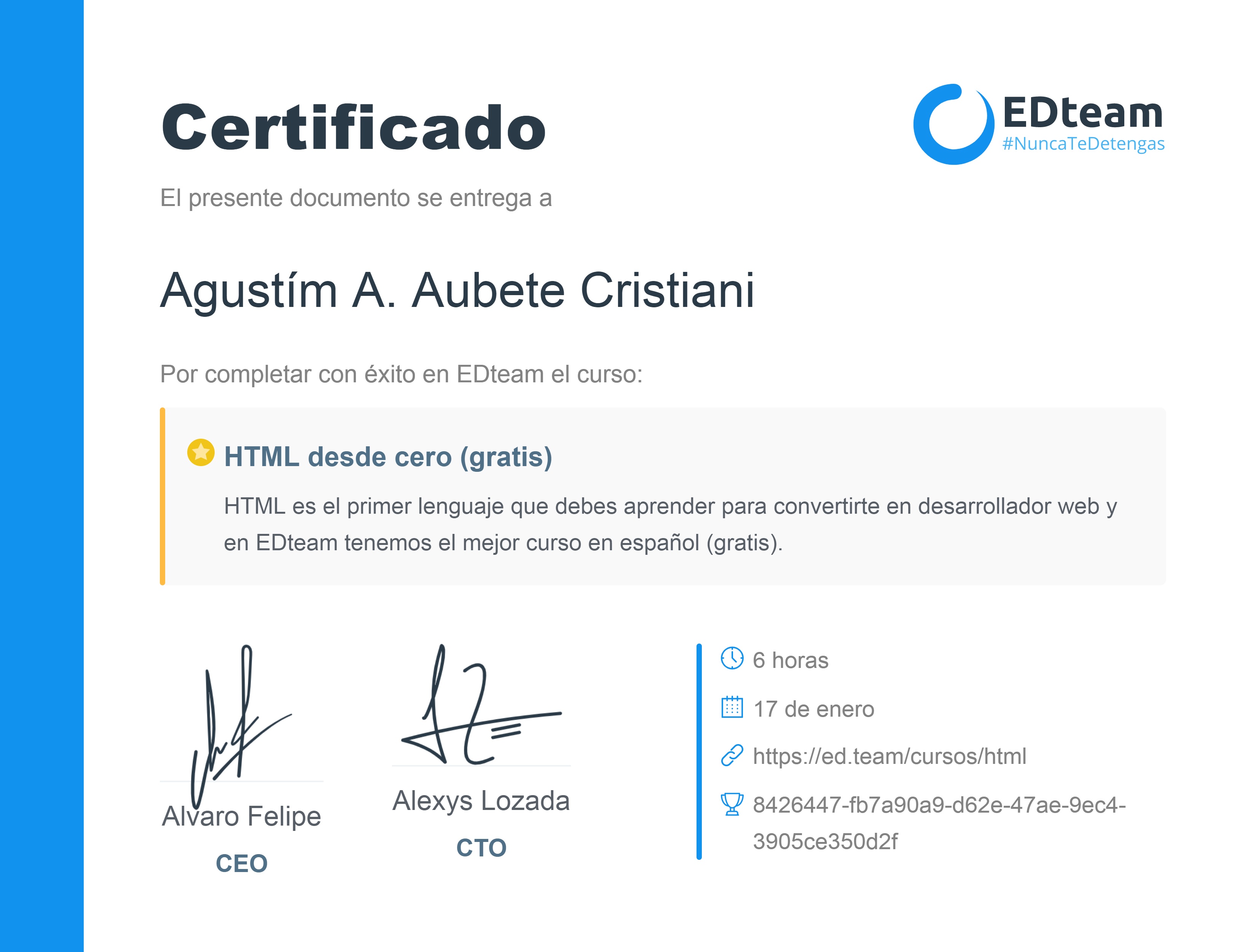 Certificado de Agustín A. Aubete Cristiani del curso HTML desde cero 2018 (gratis) (2018)