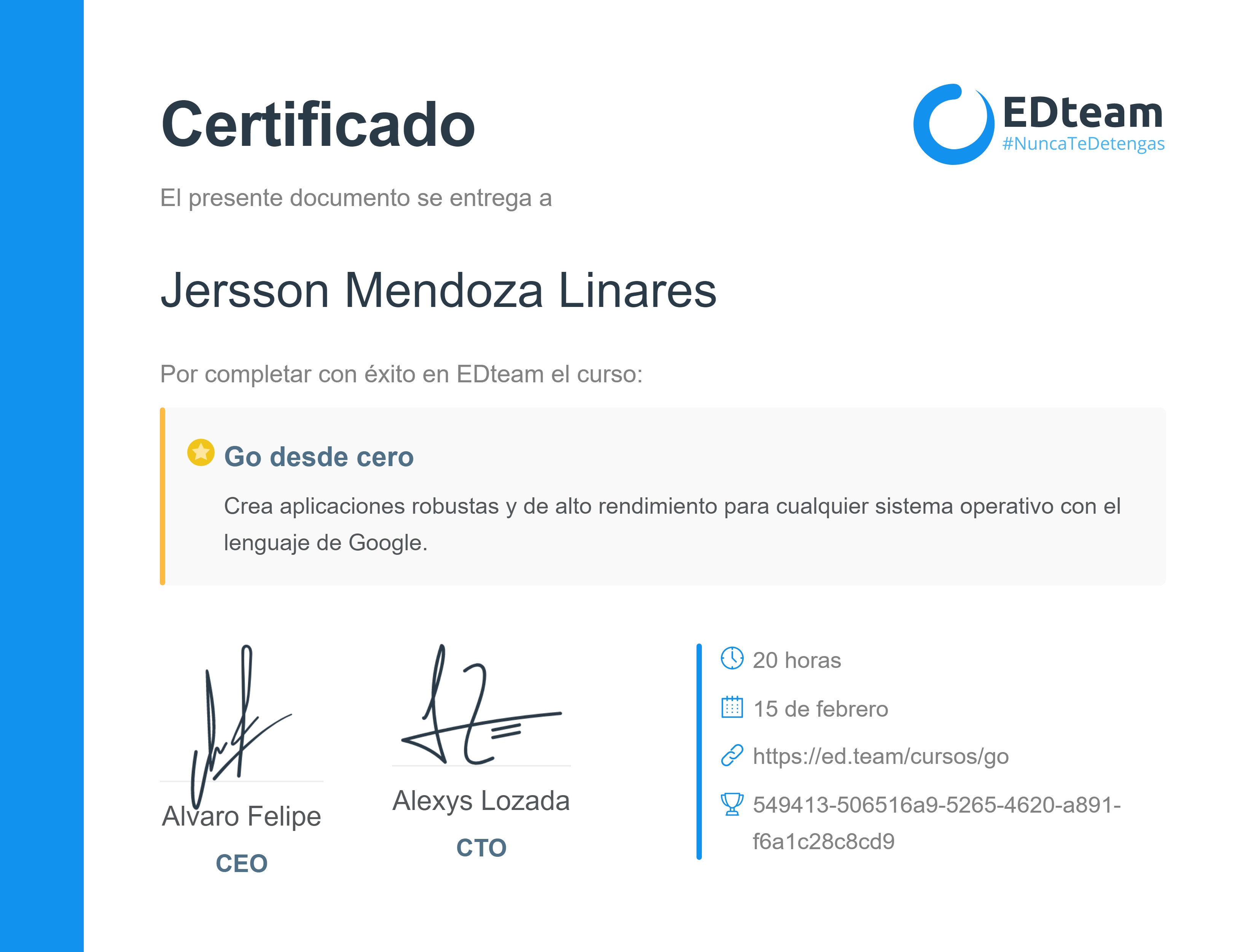 Certificado de Jersson Mendoza Linares del curso Go desde cero (2016)