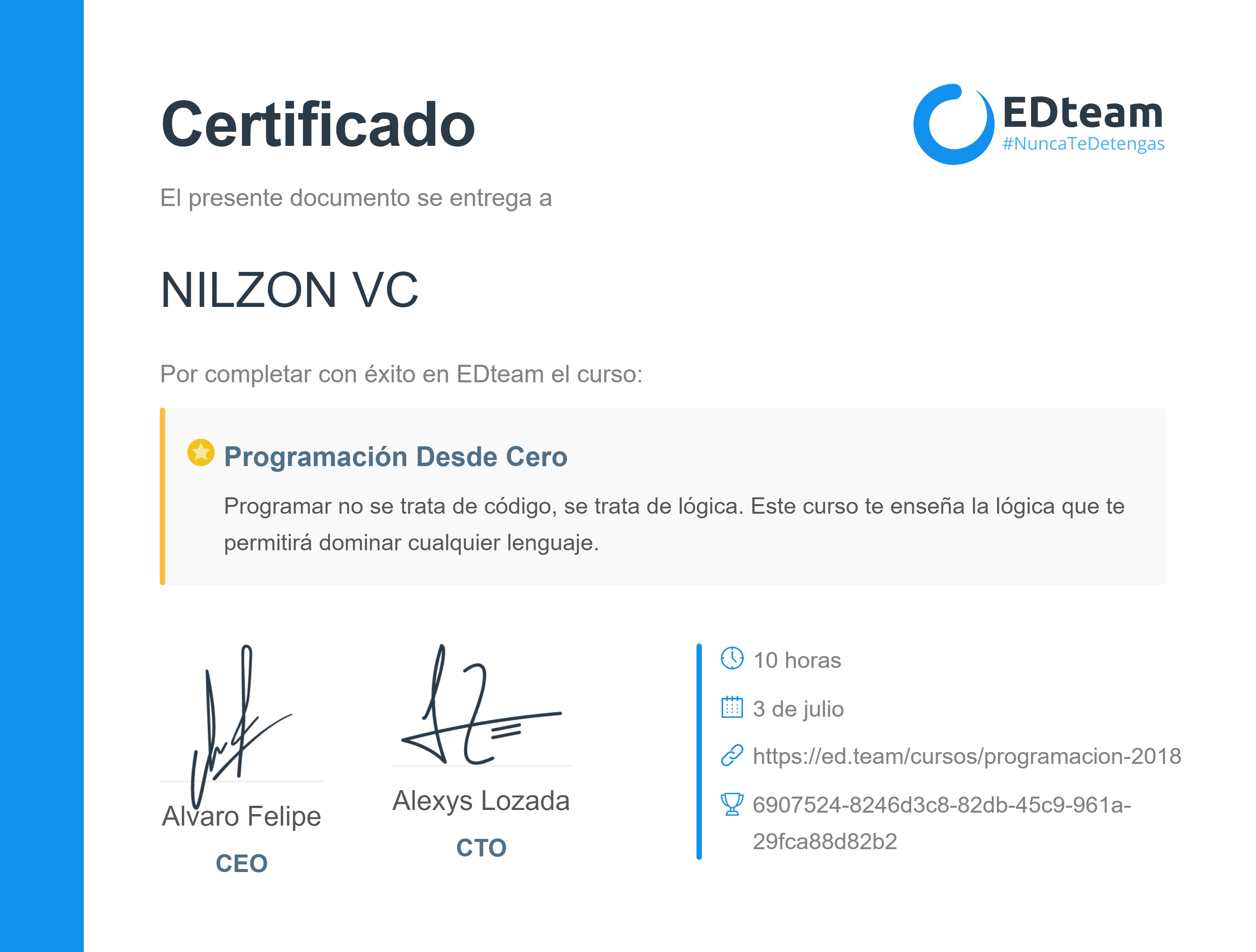 Certificado de CUBAS NC del curso Programación Desde Cero (2017)