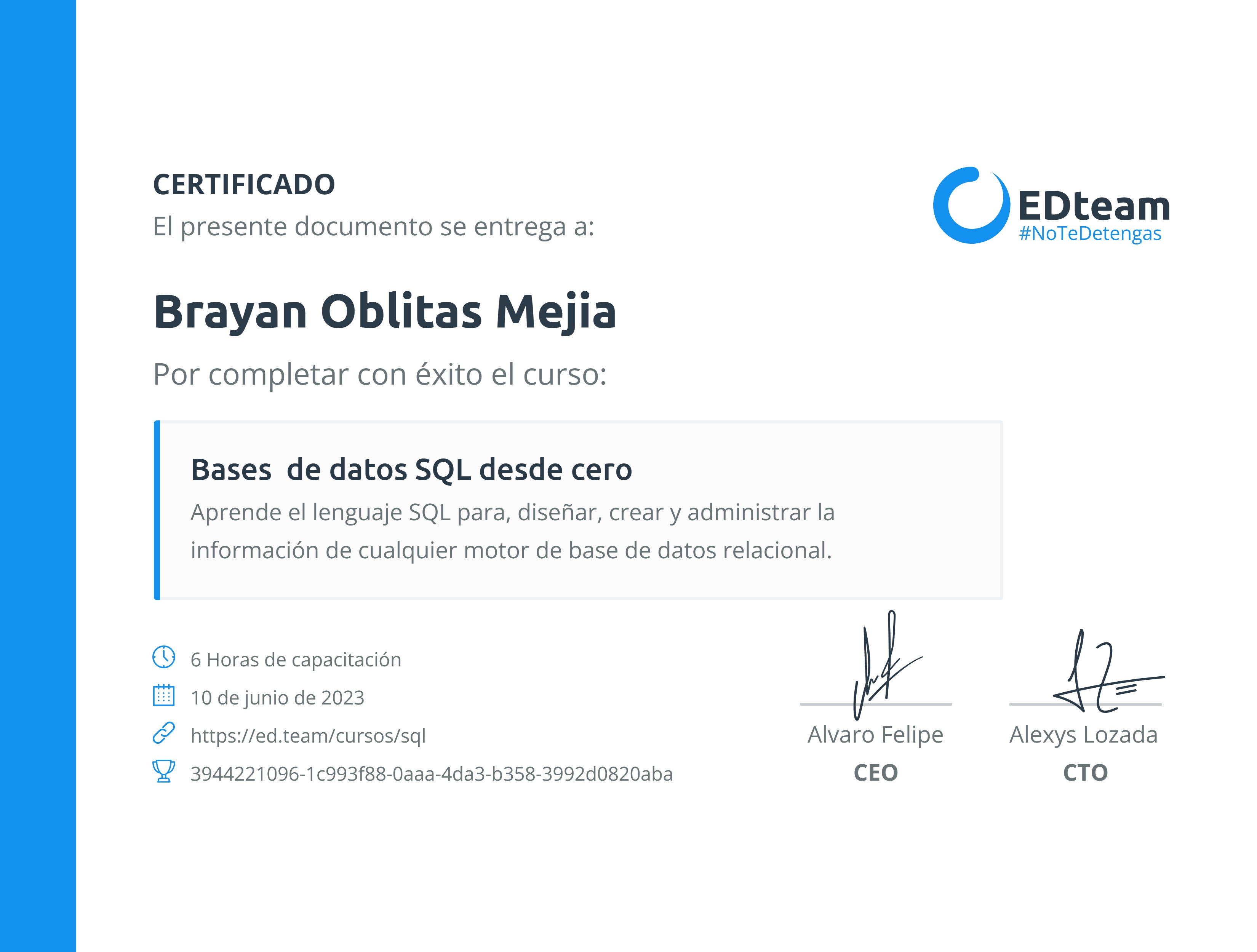 Certificado de Brayan Oblitas Mejia del curso Bases de datos SQL desde cero
