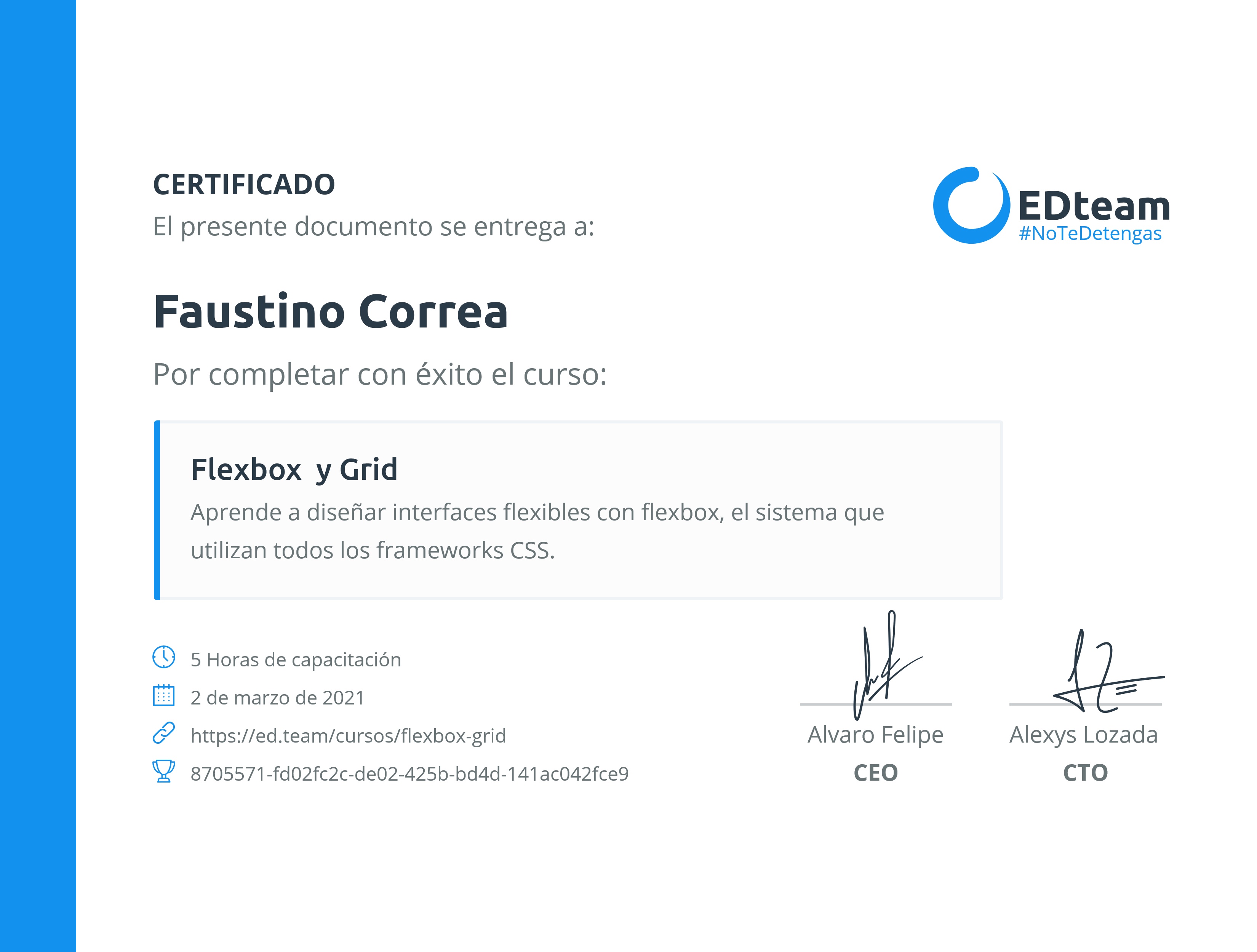 Certificado de Faustino Correa del curso Flexbox y Grid