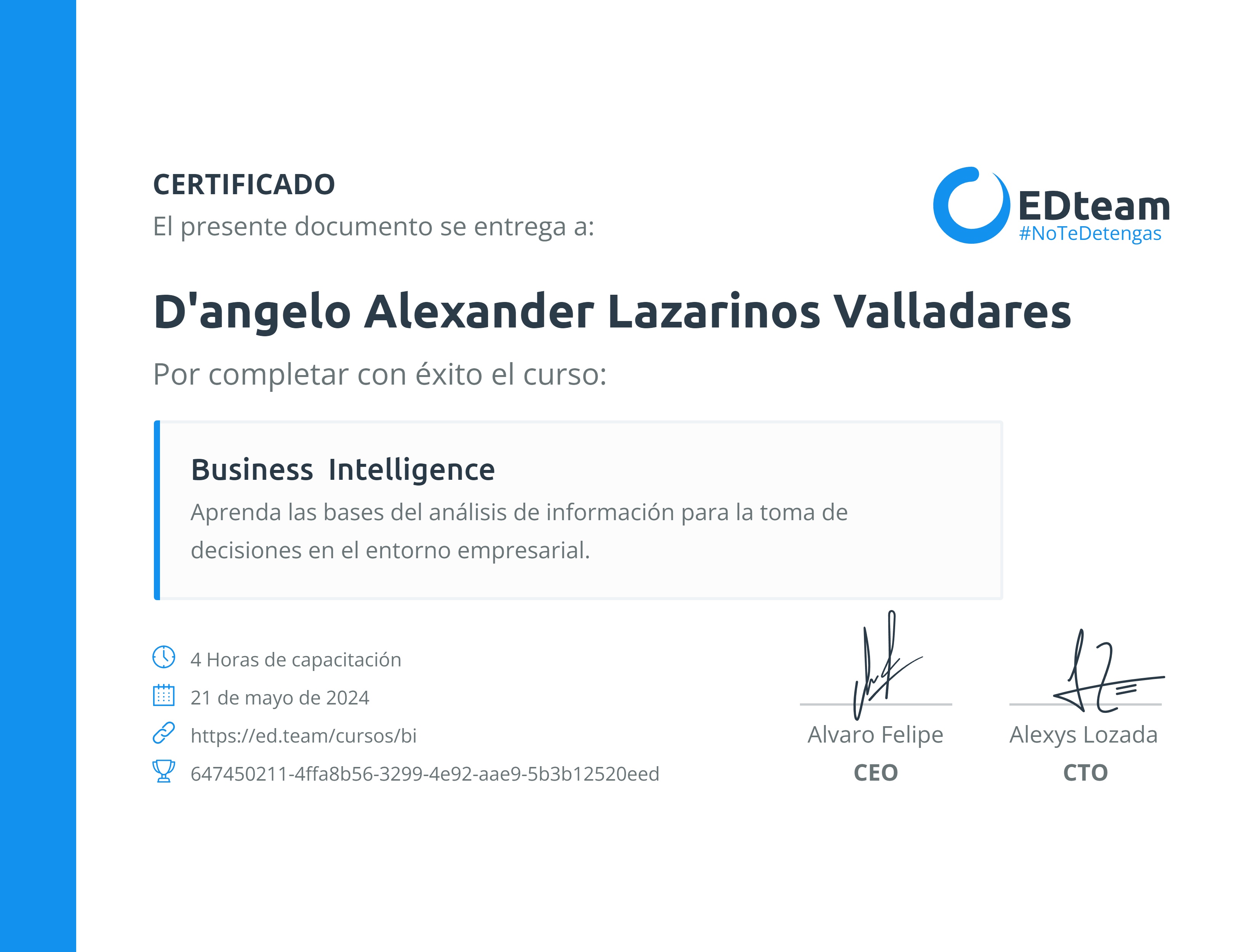 Certificado de D'angelo Alexander Lazarinos Valladares del curso Business Intelligence