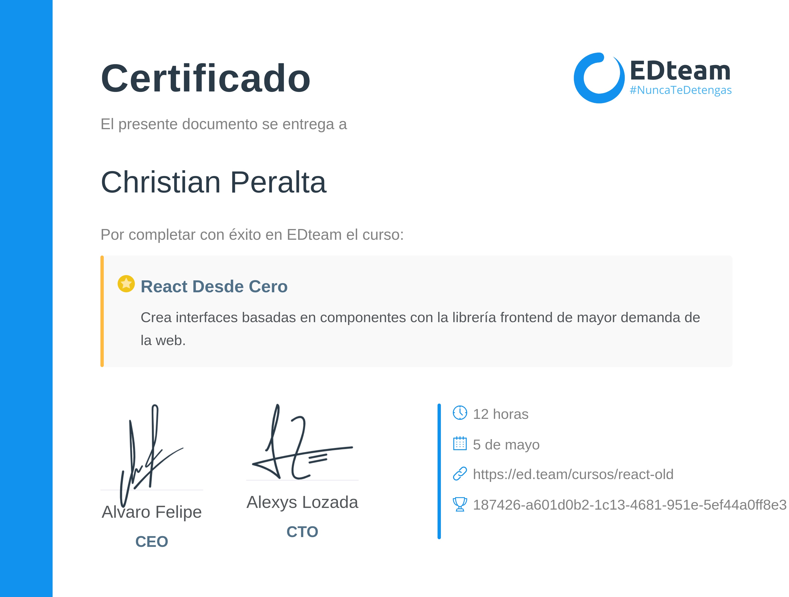 Certificado de Christian Ivan Peralta Congona del curso React Desde Cero (2017)