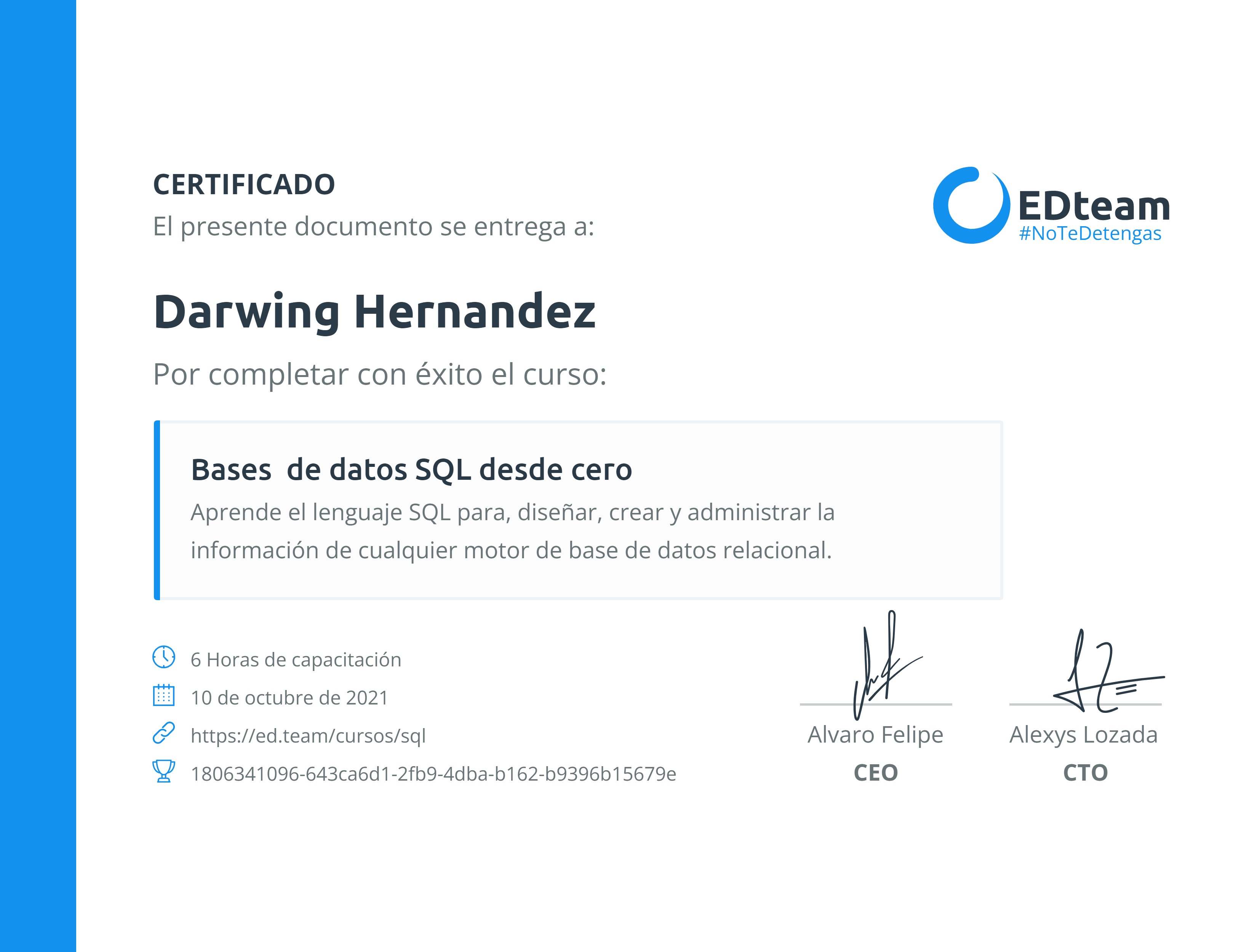Certificado de Darwing Rodilso del curso Bases de datos SQL desde cero