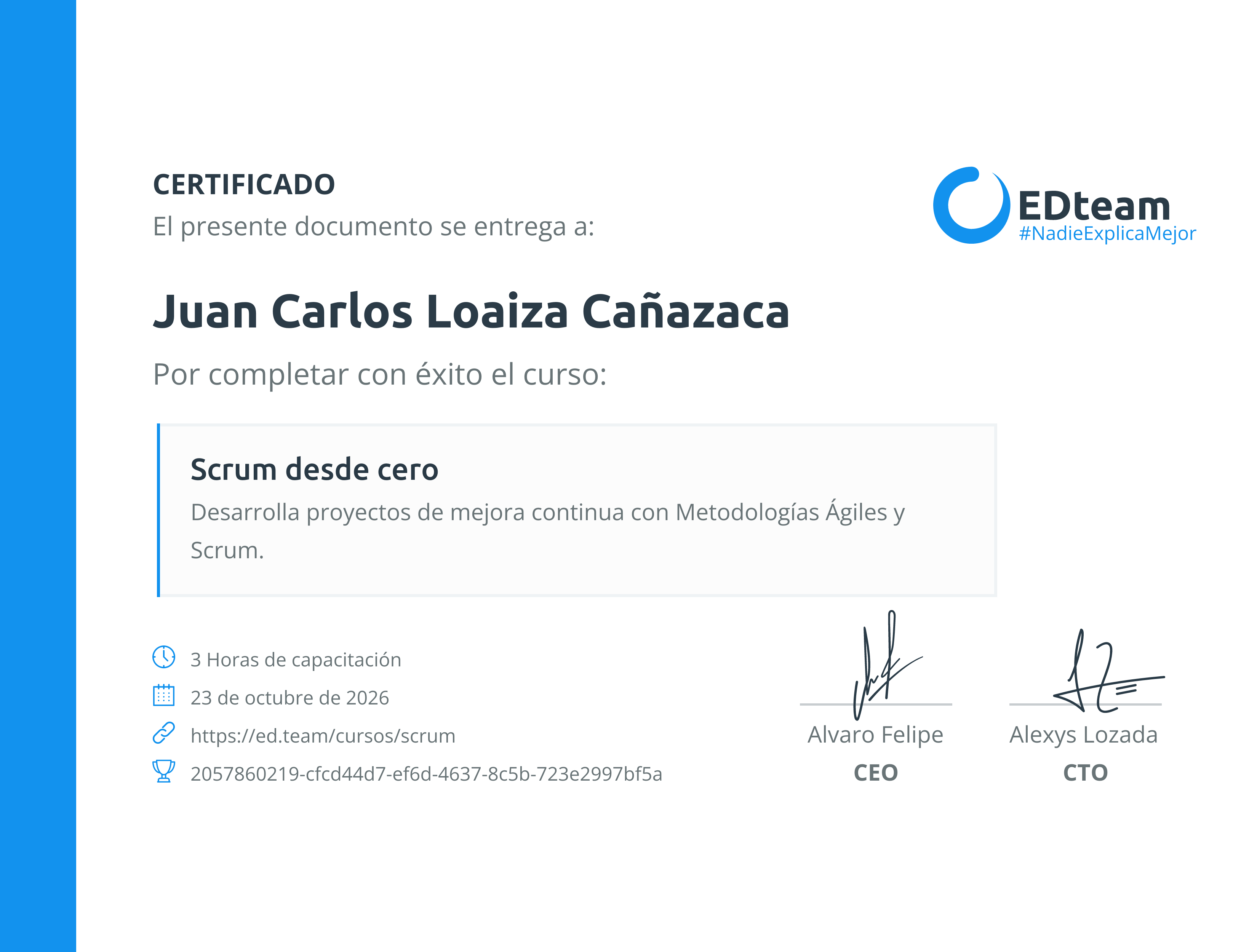 Certificado de Juan Carlos Loaiza Cañazaca del curso Scrum desde cero