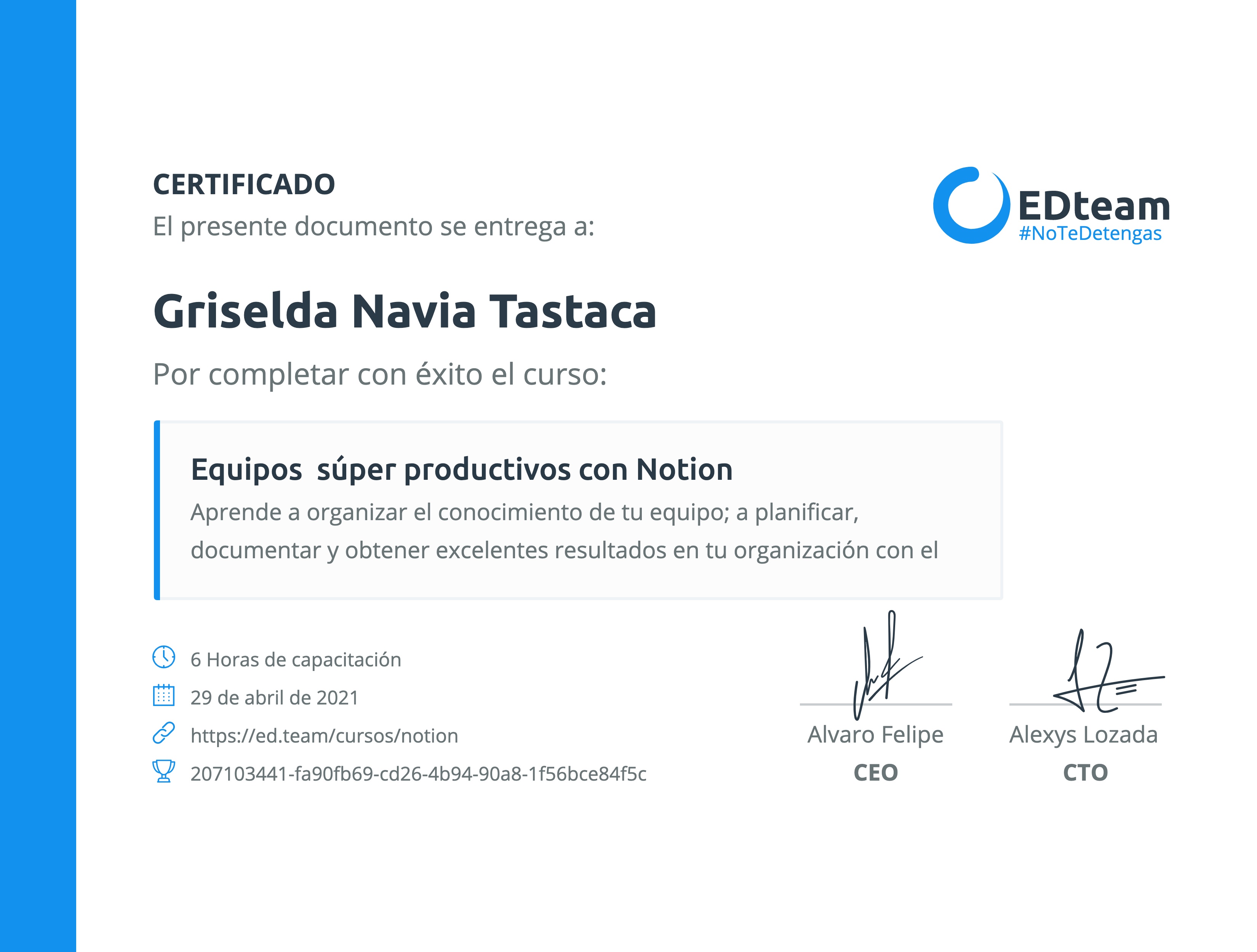Certificado de Griselda Navia del curso Equipos súper productivos con Notion