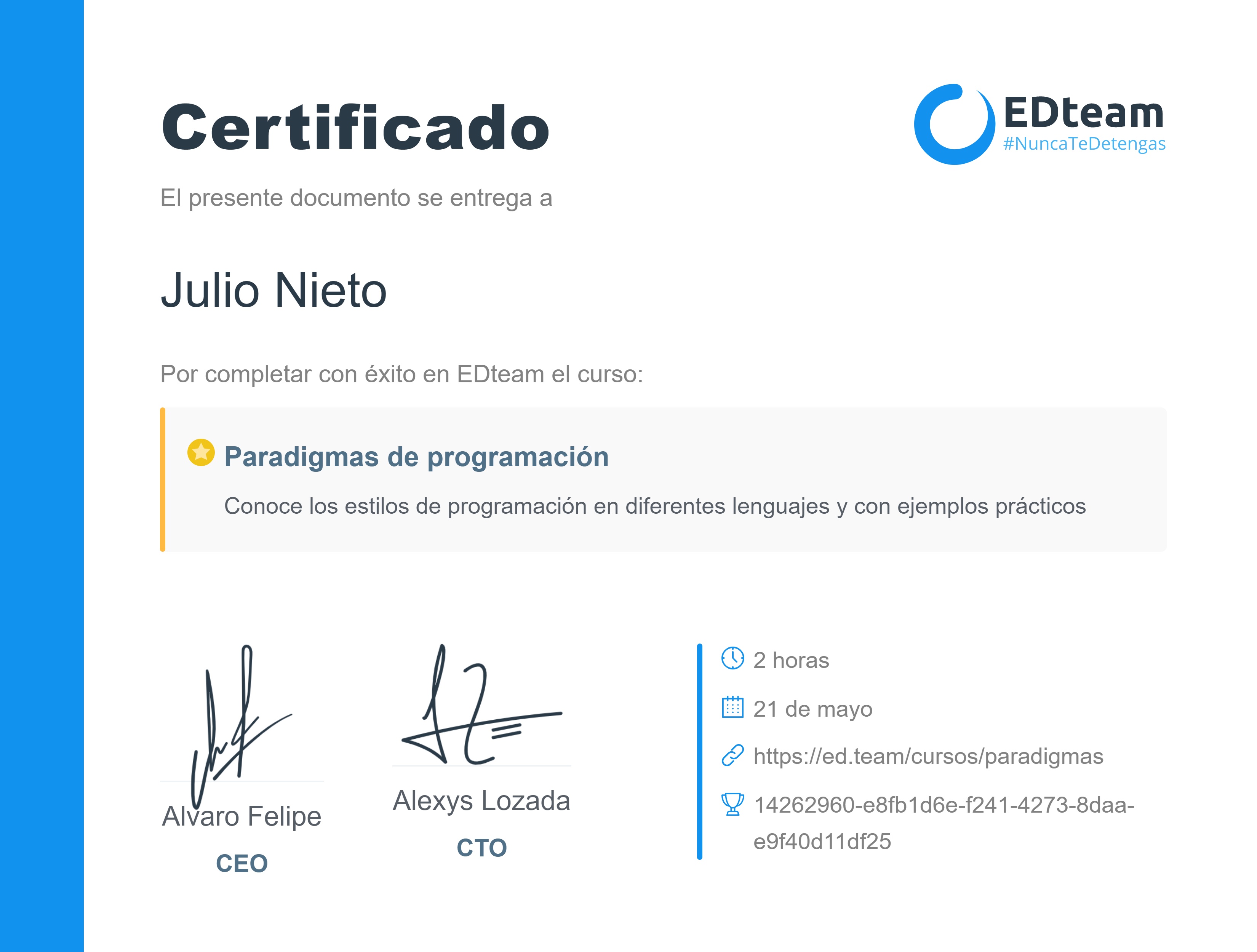 Certificado de Julio Nieto del curso Paradigmas de programación