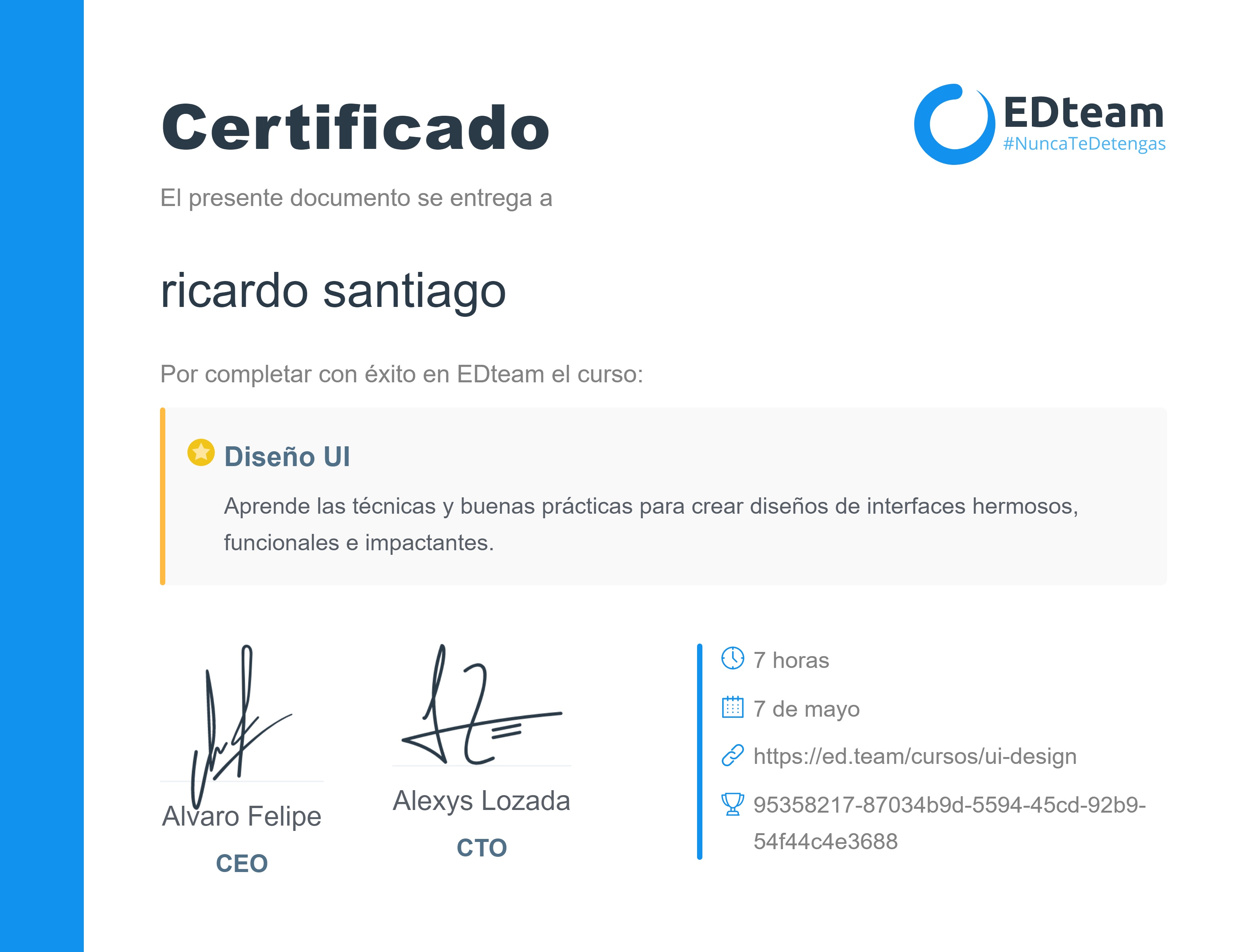 Certificado de ric martins del curso Diseño UI