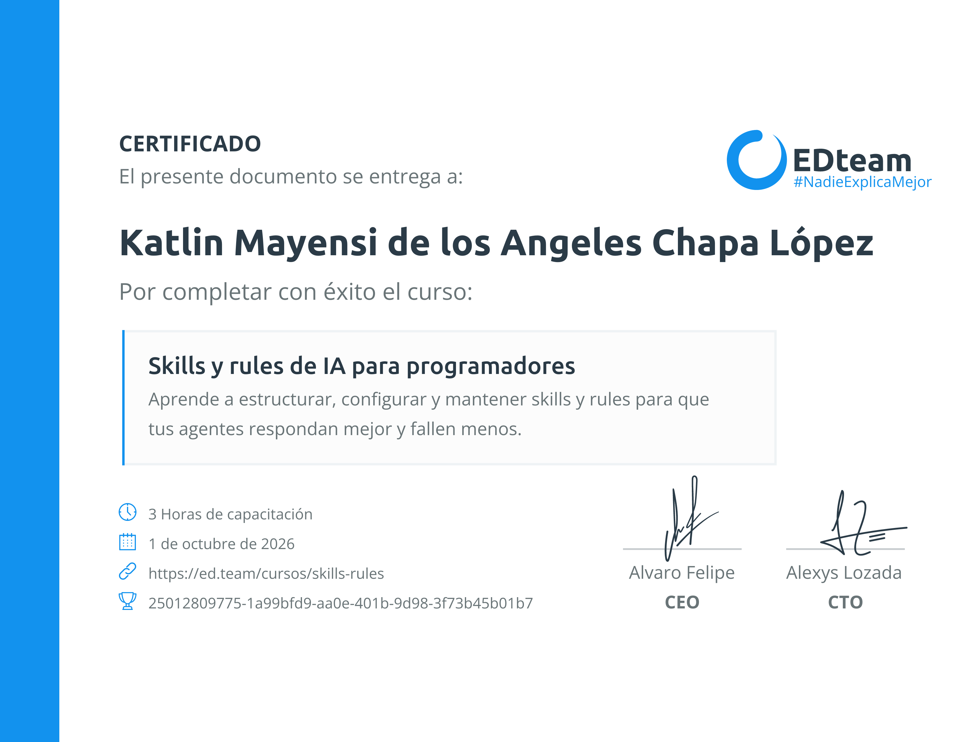 Certificado de Katlin Mayensi de los Angeles Chapa López del curso Skills y rules de IA para programadores