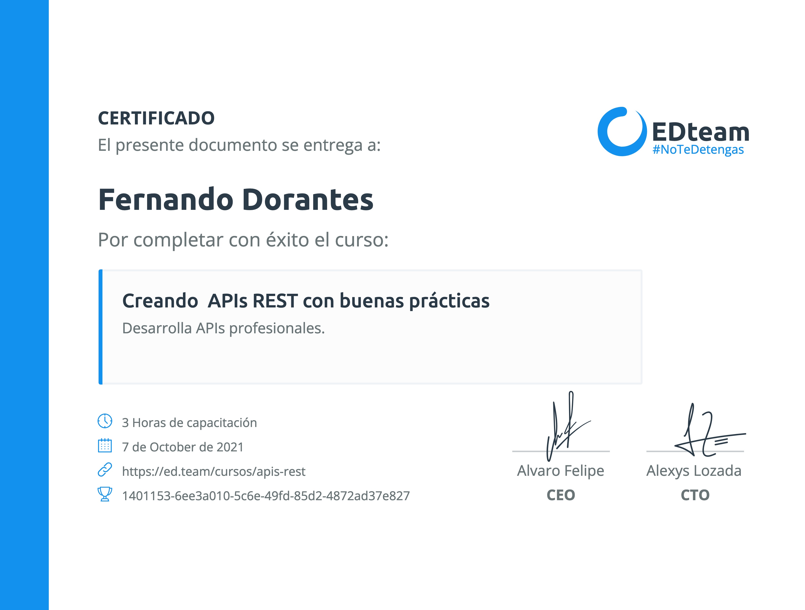 Certificado de Fernando Dorantes del curso Creando APIs REST con buenas prácticas