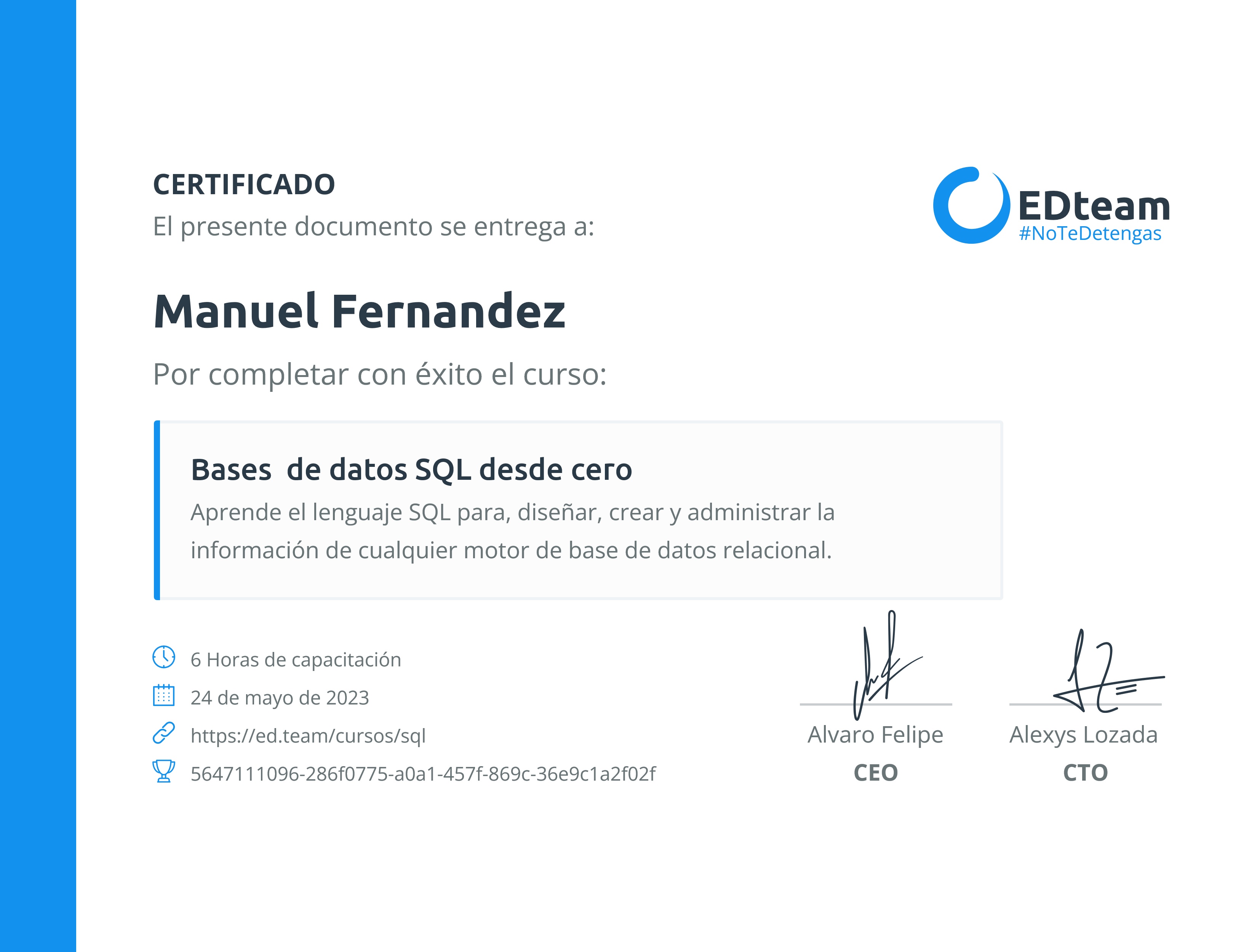 Certificado de Manuel Fernandez del curso Bases de datos SQL desde cero