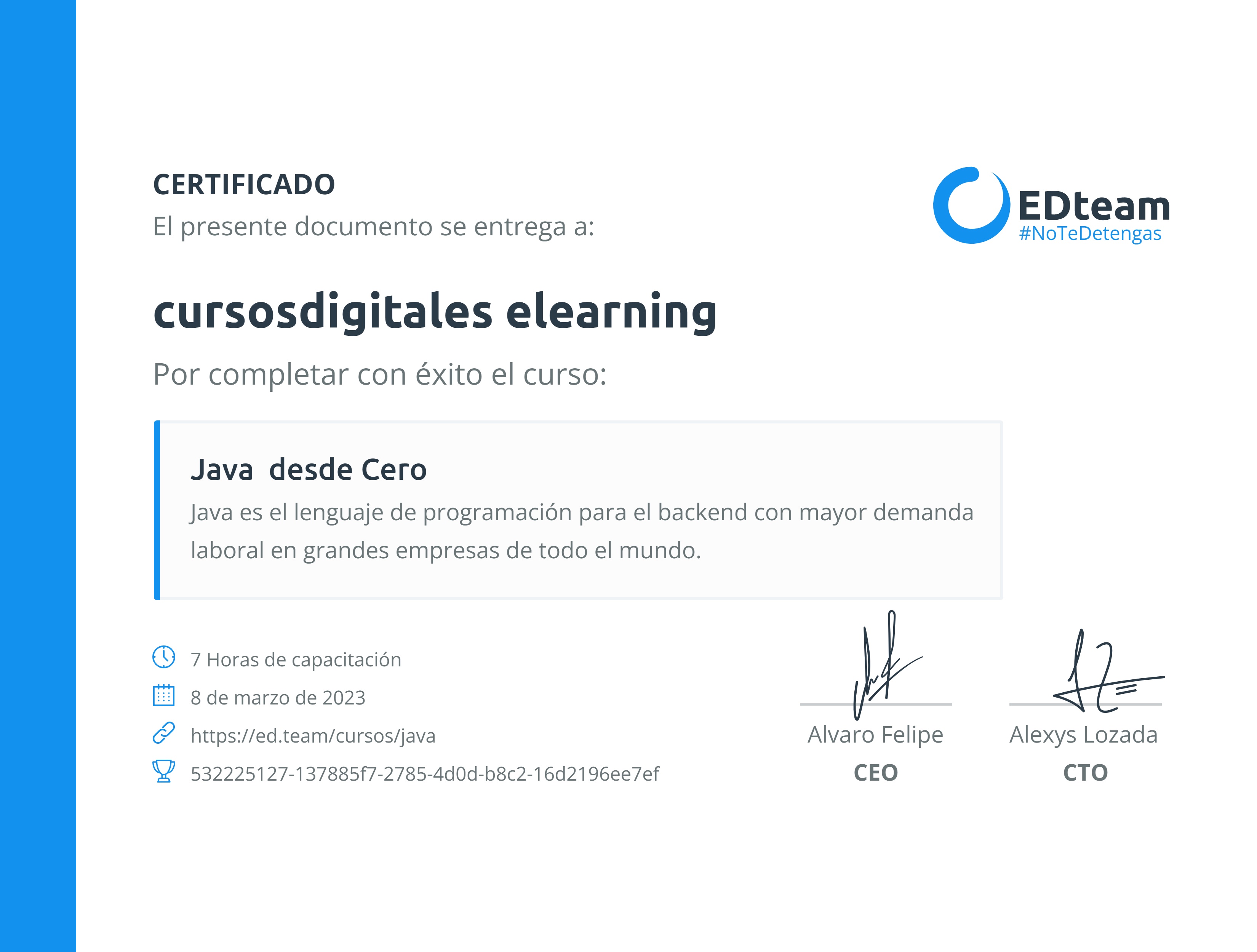 Certificado de cursosdigitales elearning del curso Java desde Cero EDteam
