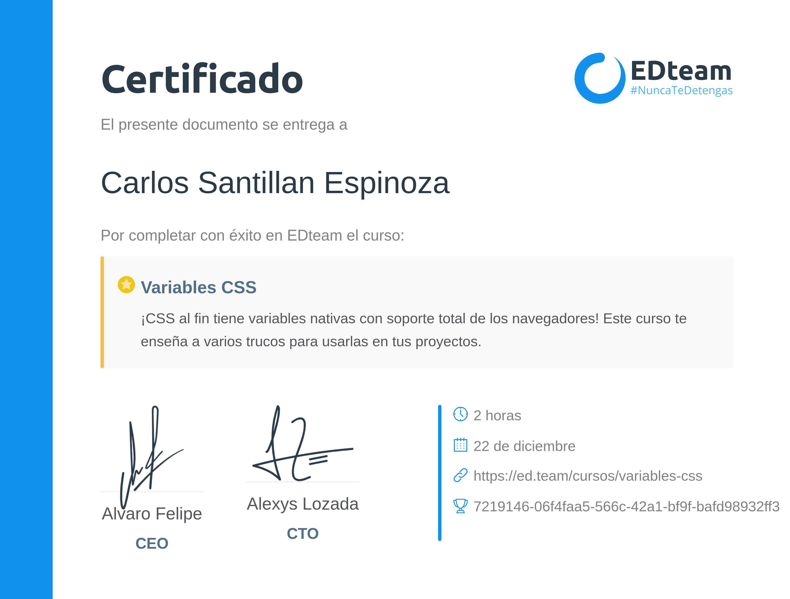 Certificado de Carlos Santillan del curso Variables CSS