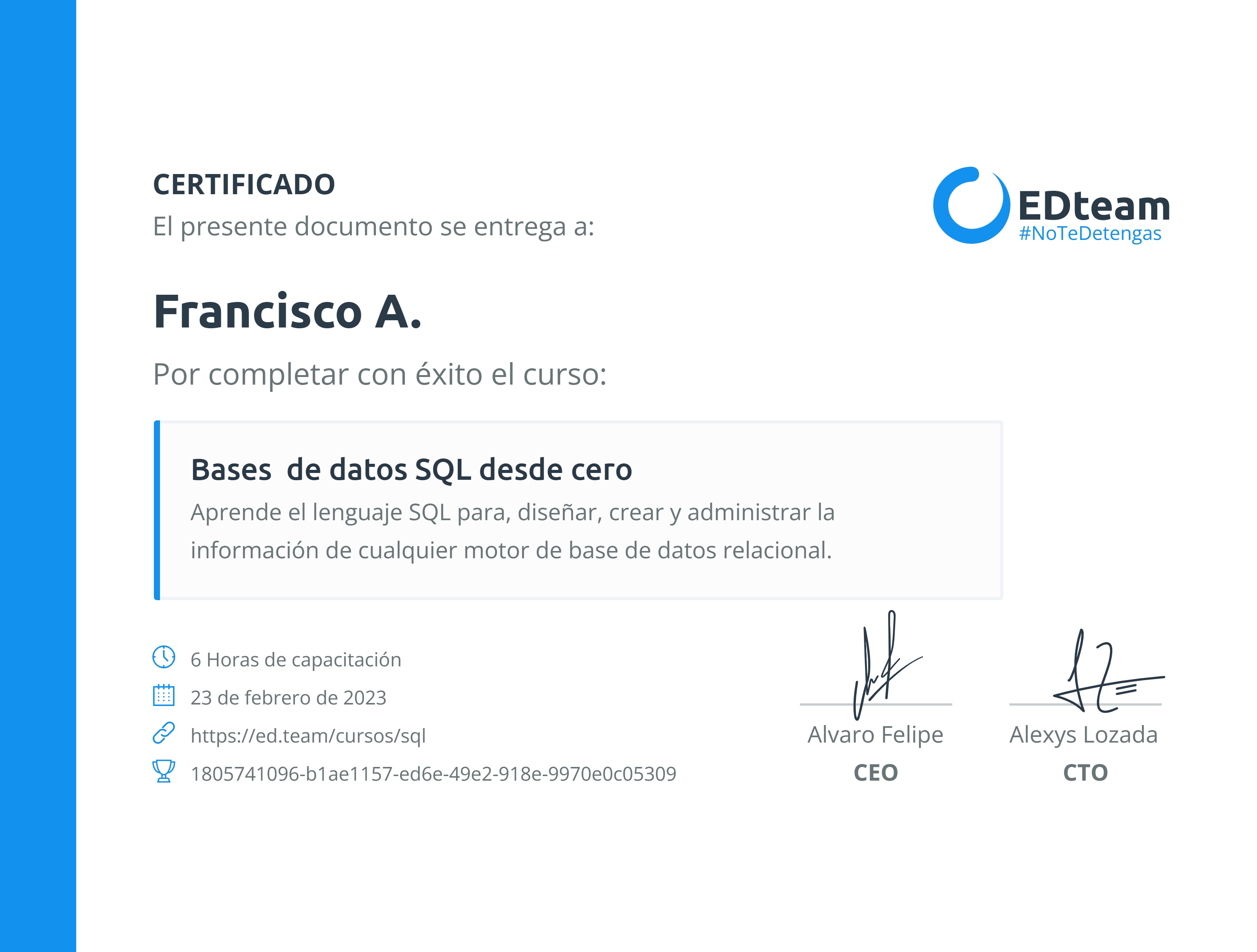 Certificado de Francisco A. del curso Bases de datos SQL desde cero