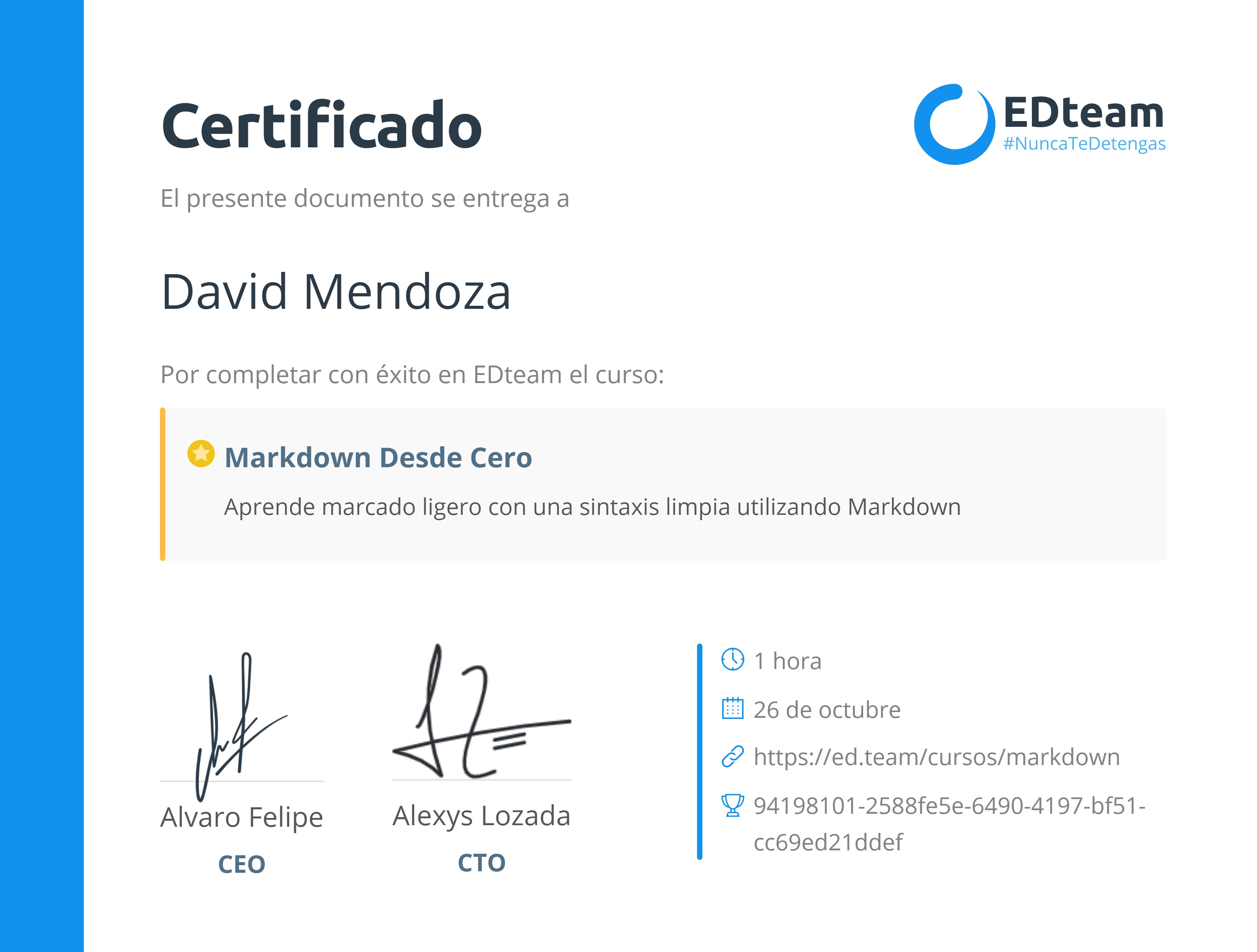 Certificado de David Mendoza del curso Markdown desde cero (Gratis)