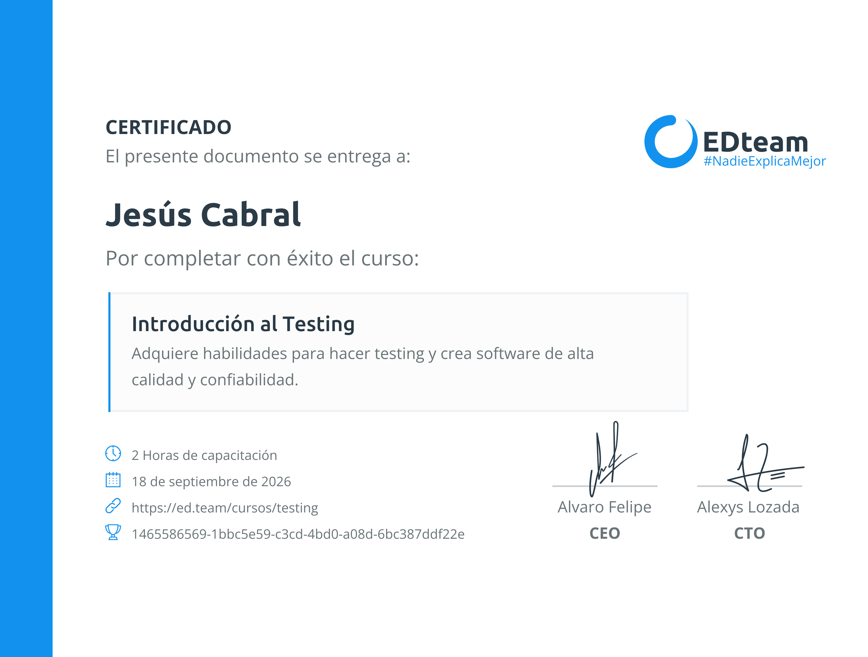 Certificado de Jesús Cabral del curso Introducción al Testing