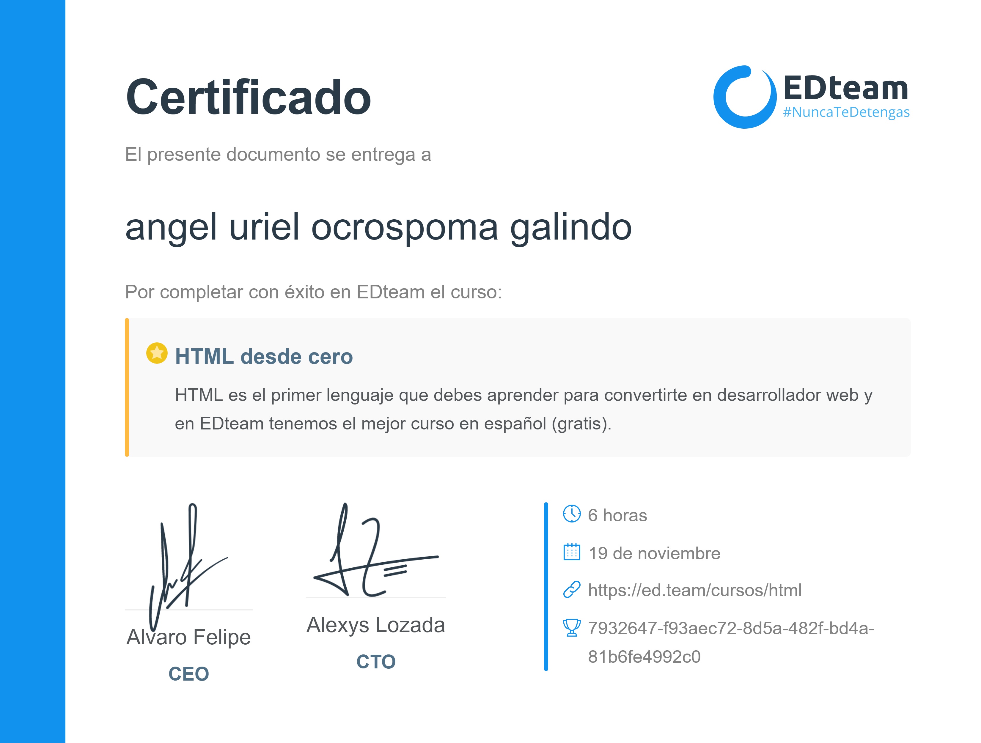 Certificado de angel uriel ocrospoma galindo del curso HTML desde cero 2018 (gratis) (2018)