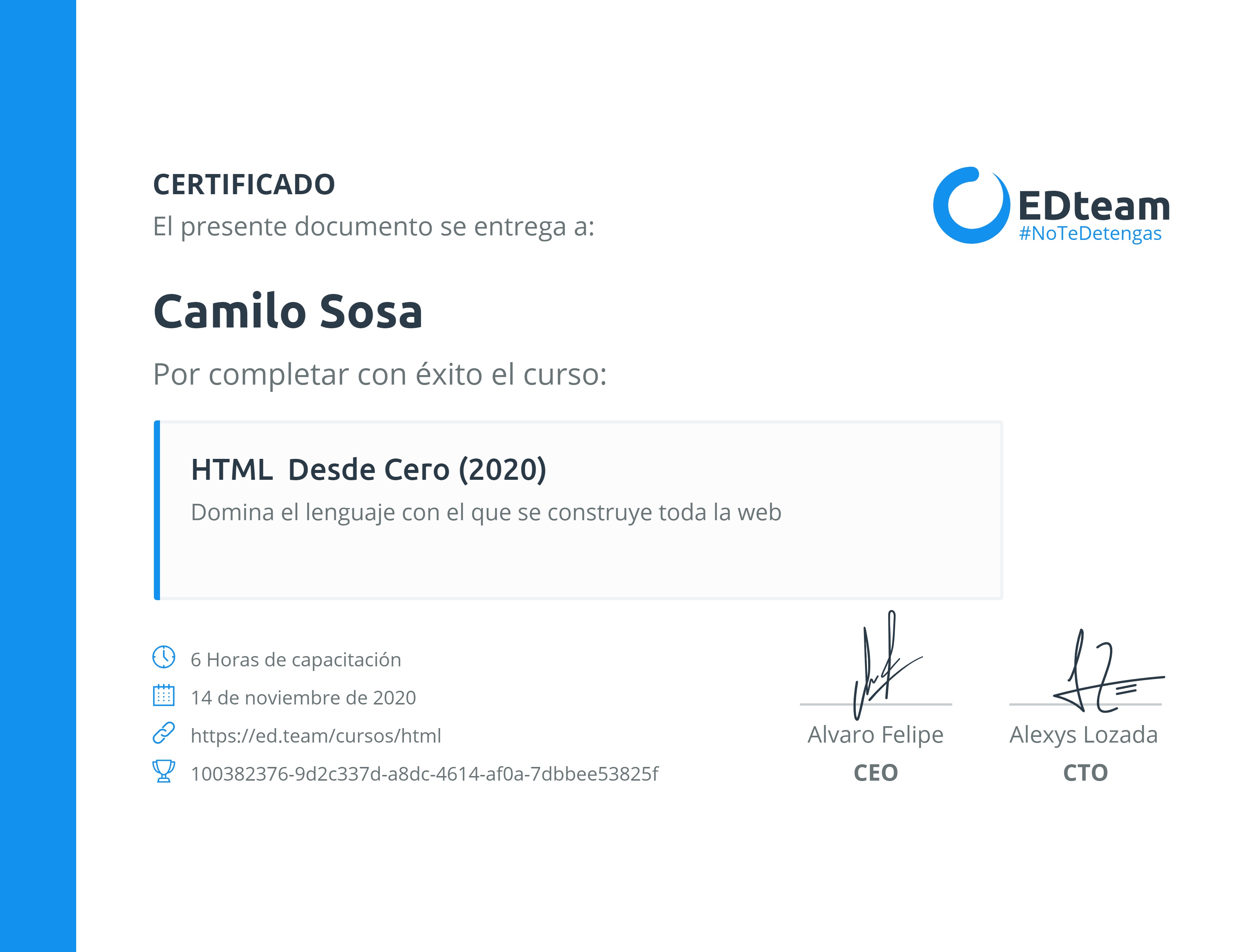 Certificado de Camilo Sosa del curso HTML desde cero