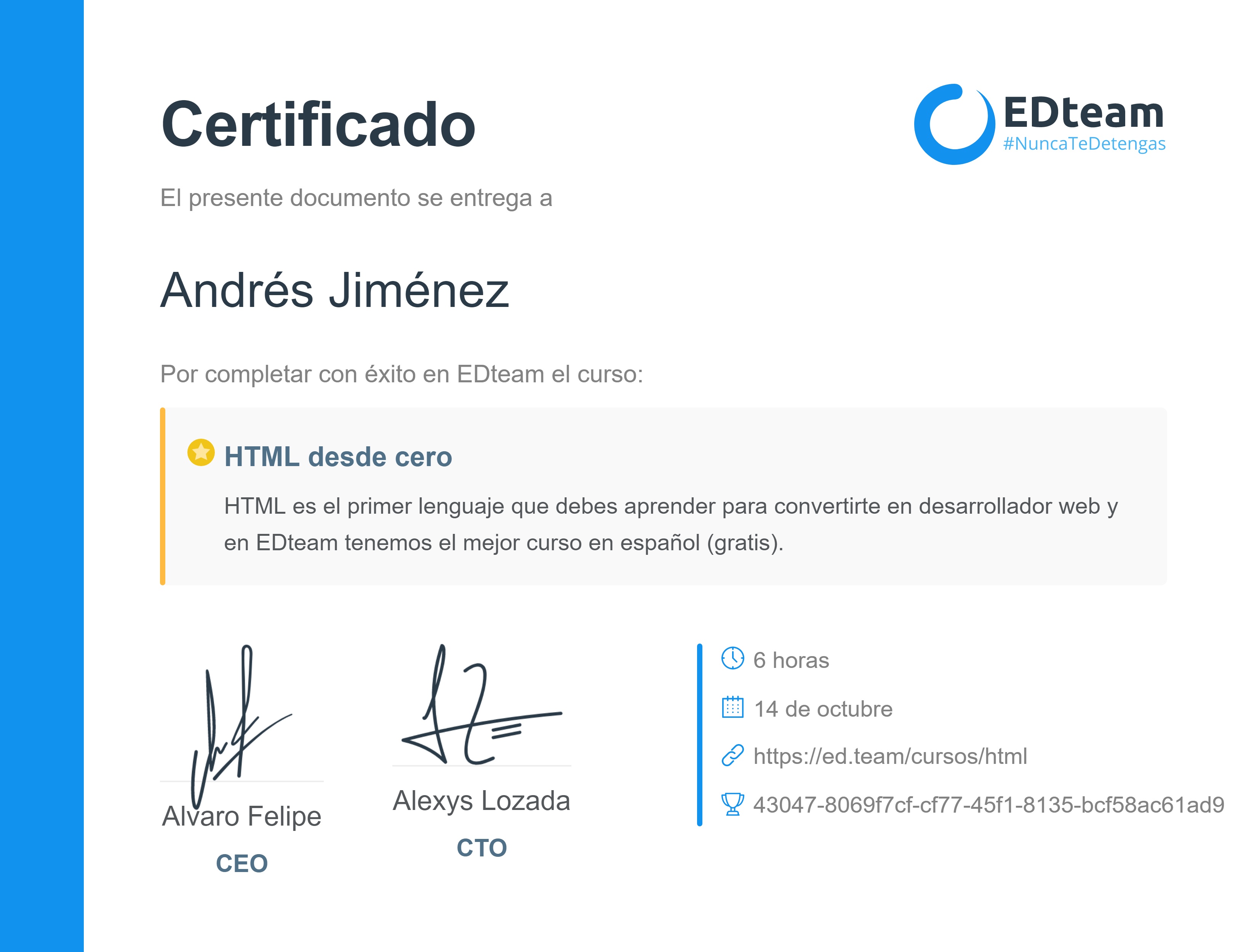 Certificado de Andrés Jiménez del curso HTML desde cero 2018 (gratis) (2018)