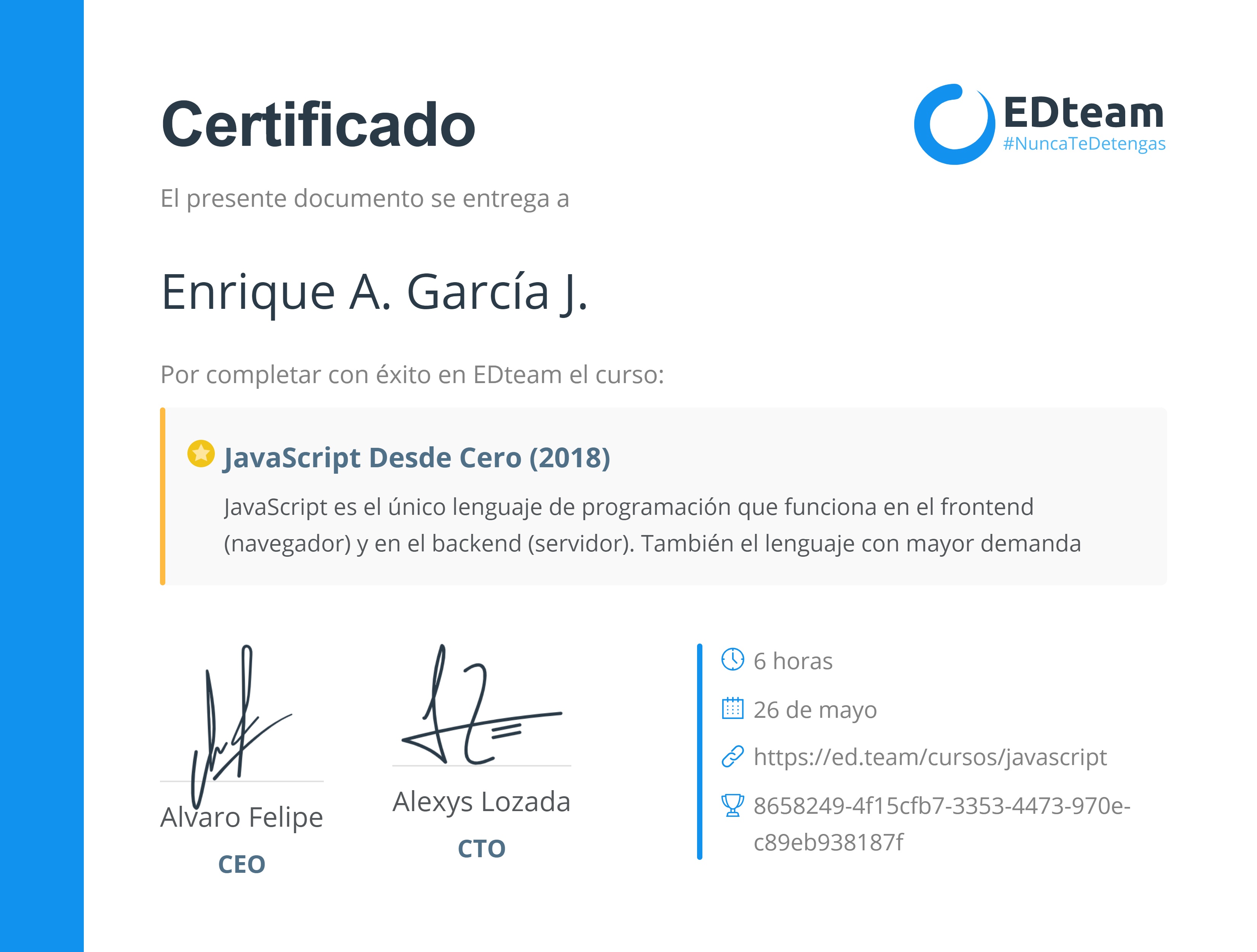 Certificado de Enrique A. García J. del curso JavaScript Desde Cero (gratis) (2018)