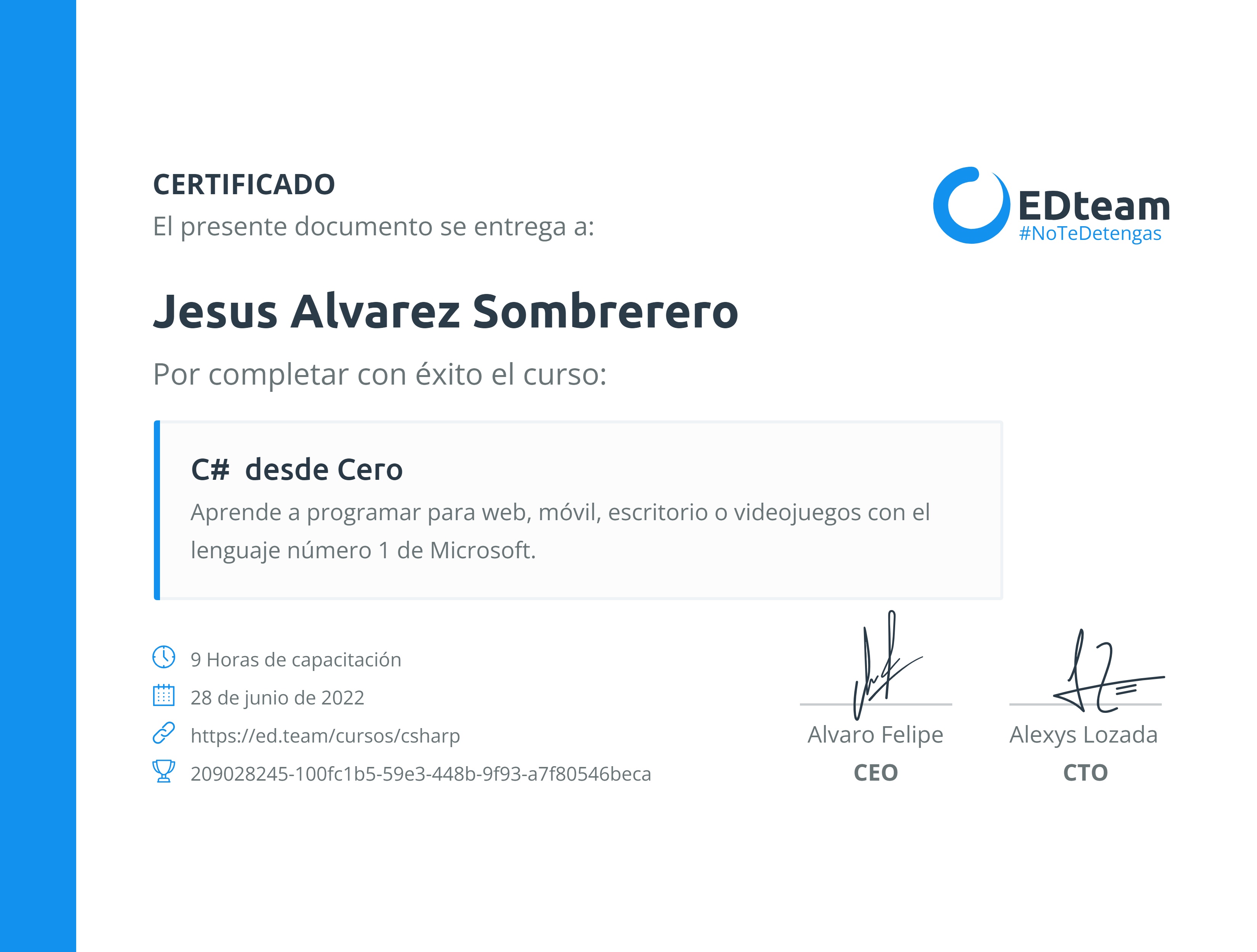 Certificado de Jesus Alvarez Sombrerero del curso C# desde Cero (2020)