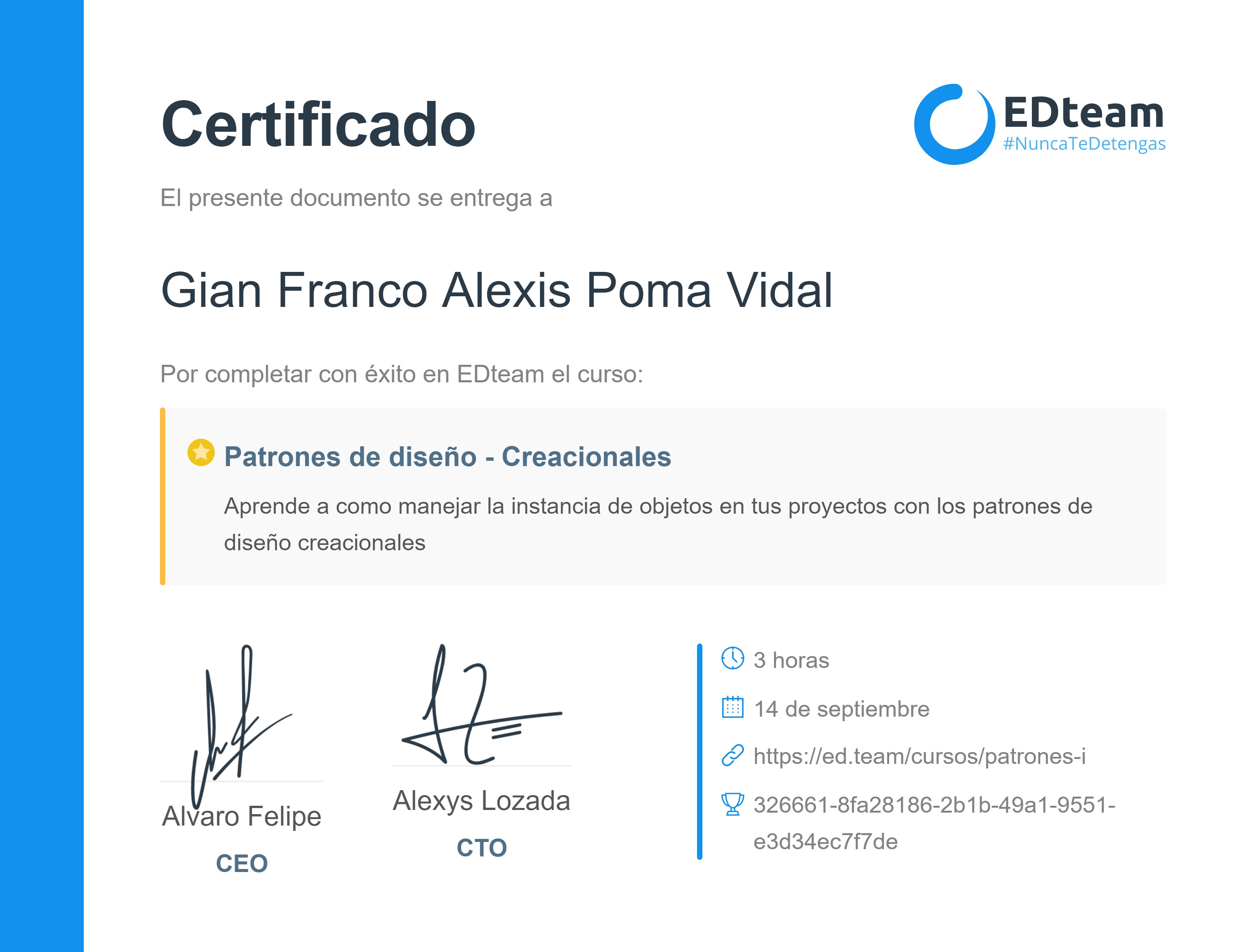 Certificado de Gian Franco Alexis Poma Vidal del curso Patrones de diseño - Creacionales