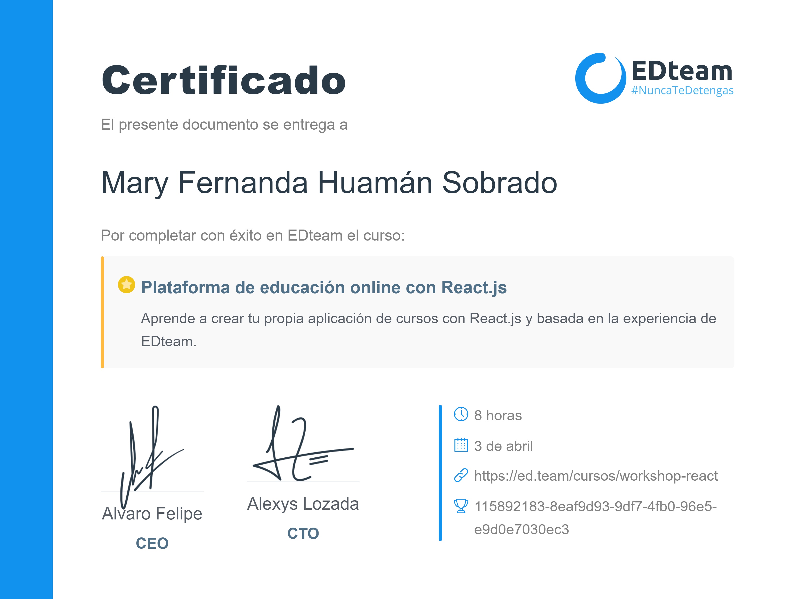 Certificado de Mary Fernanda Huamán Sobrado del curso Plataforma de educación online con React.js