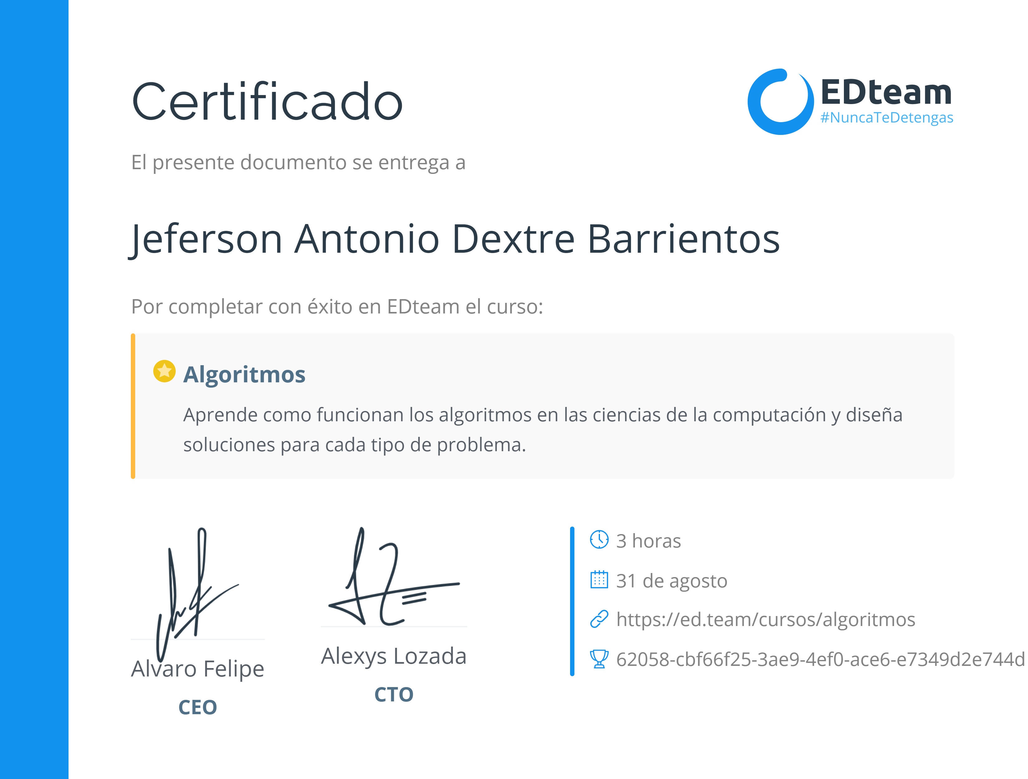 Certificado de Jeferson Dextre del curso Algoritmos (2018)