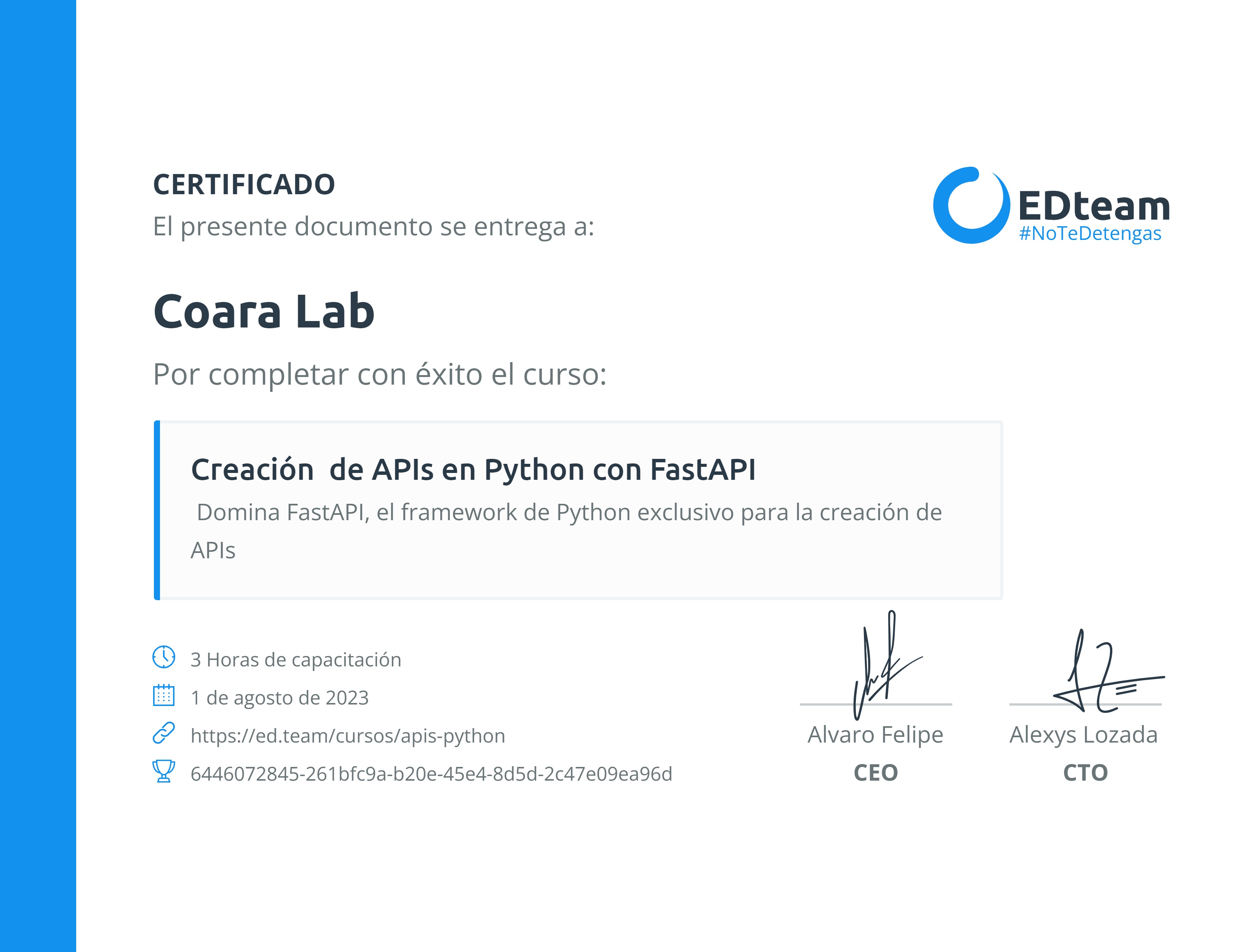 Certificado de Coara Lab del curso Creación de APIs en Python con FastAPI