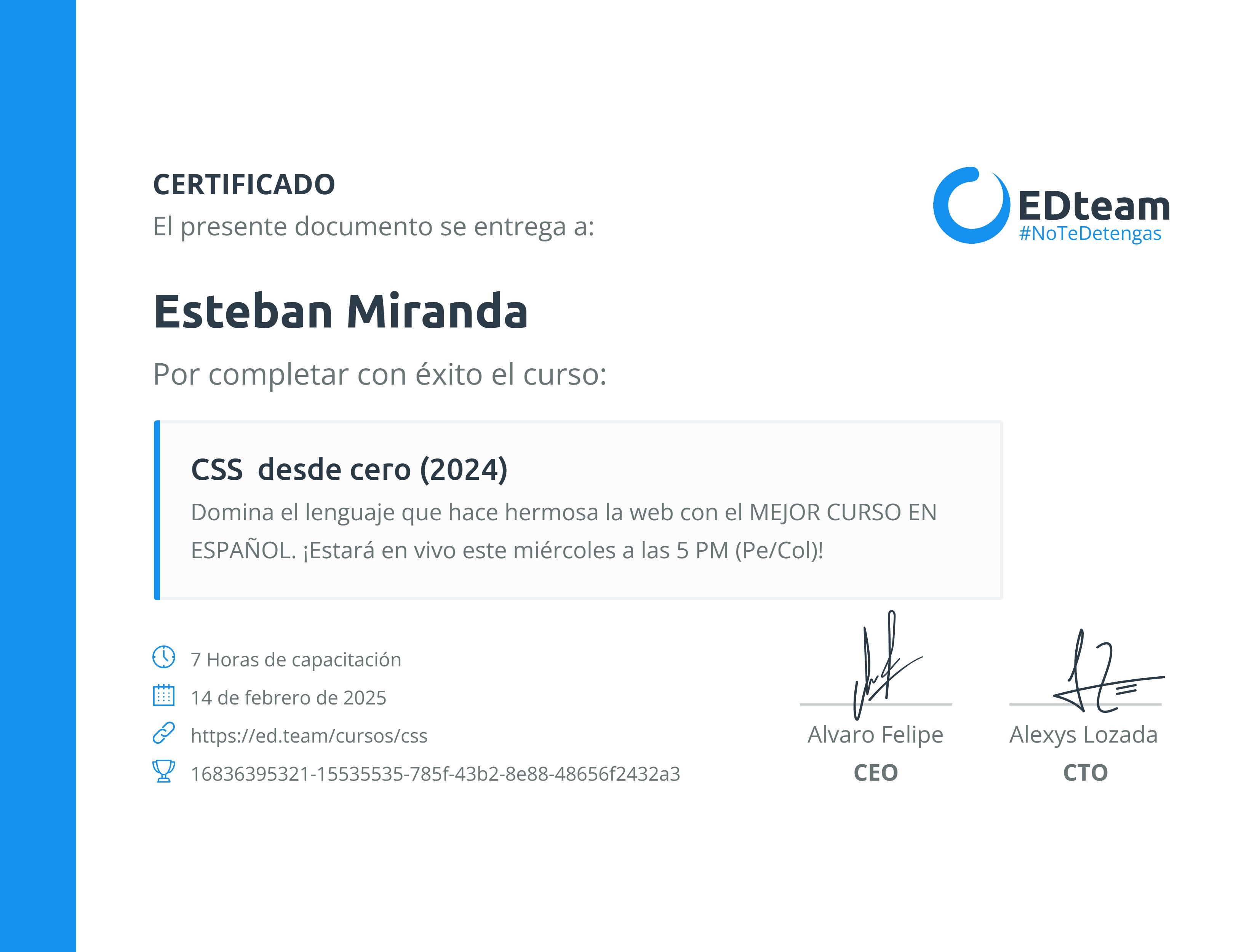 Certificado de Esteban Miranda del curso CSS desde cero (2024)