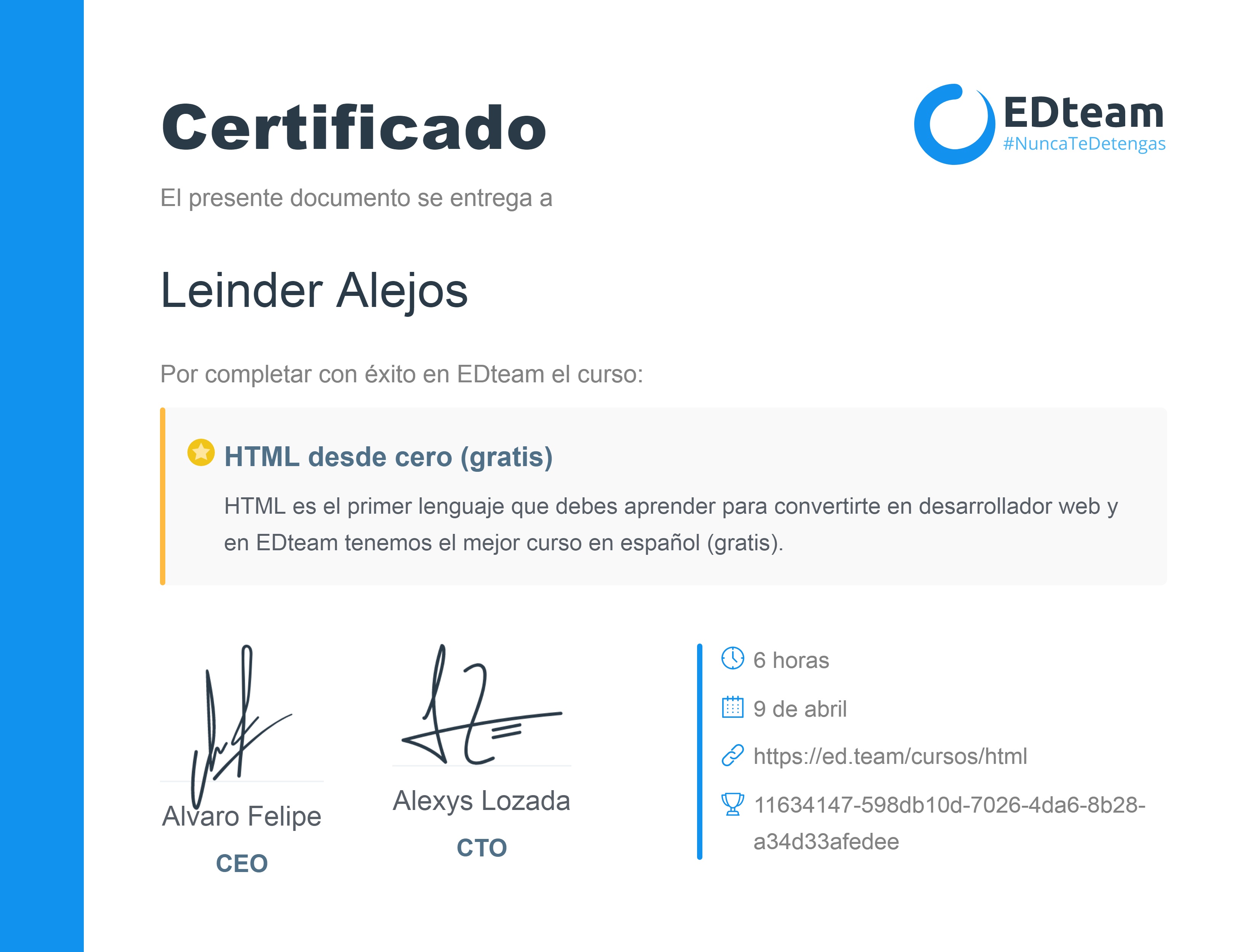 Certificado de Leinder Alejos del curso HTML desde cero 2018 (gratis) (2018)