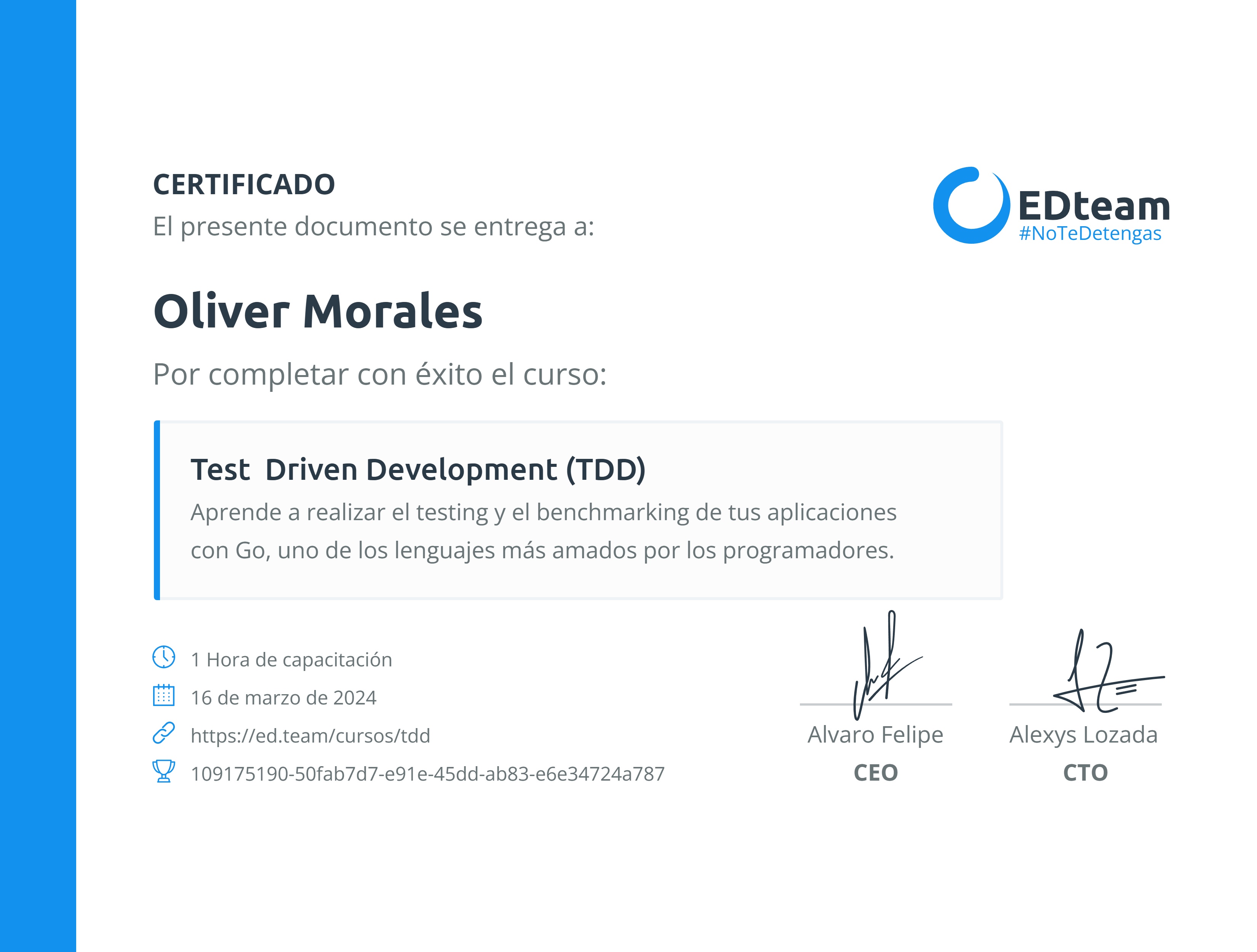 Certificado de Oliver Morales del curso Test Driven Development (TDD)
