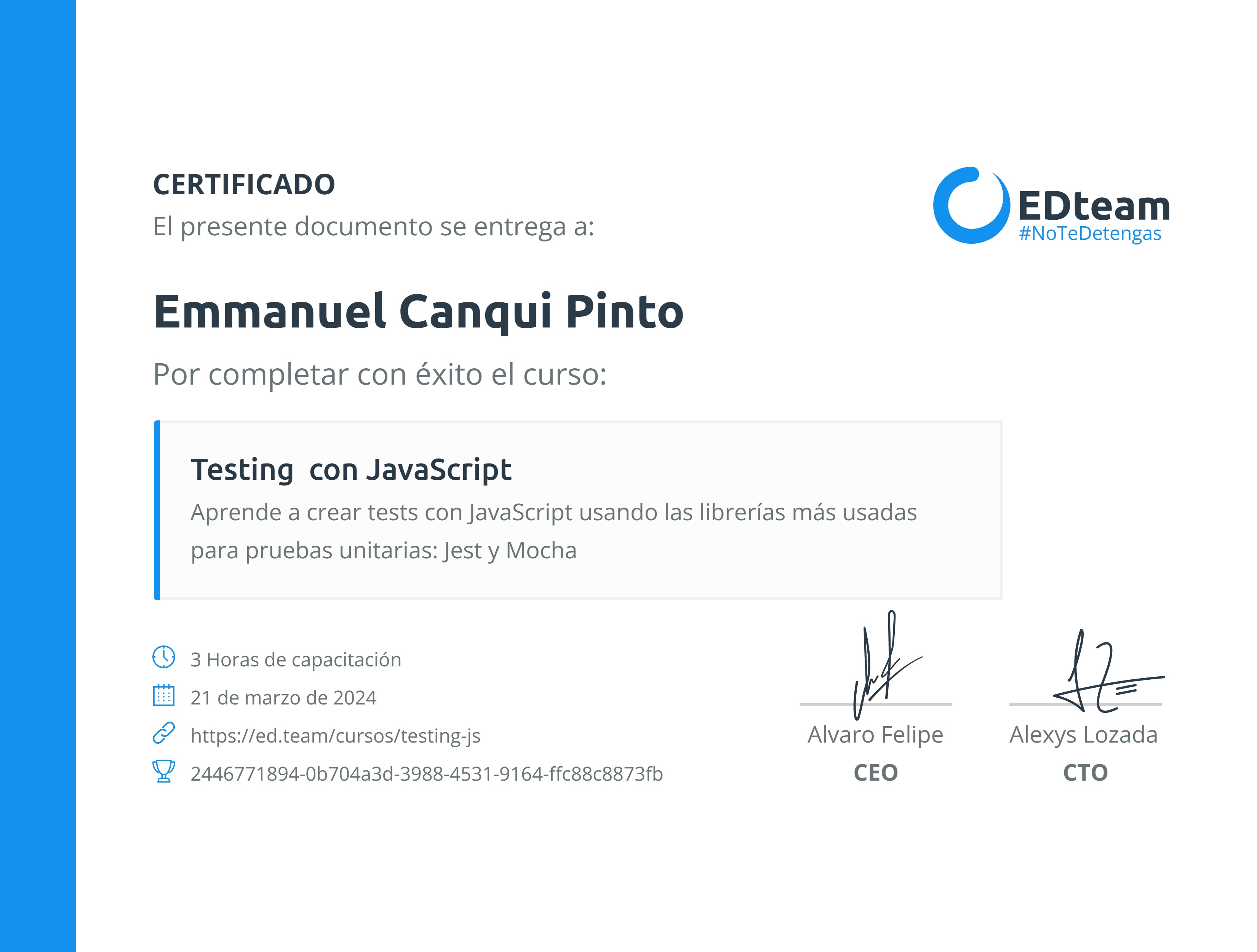 Certificado de Emmanuel Canqui Pinto del curso Testing con JavaScript
