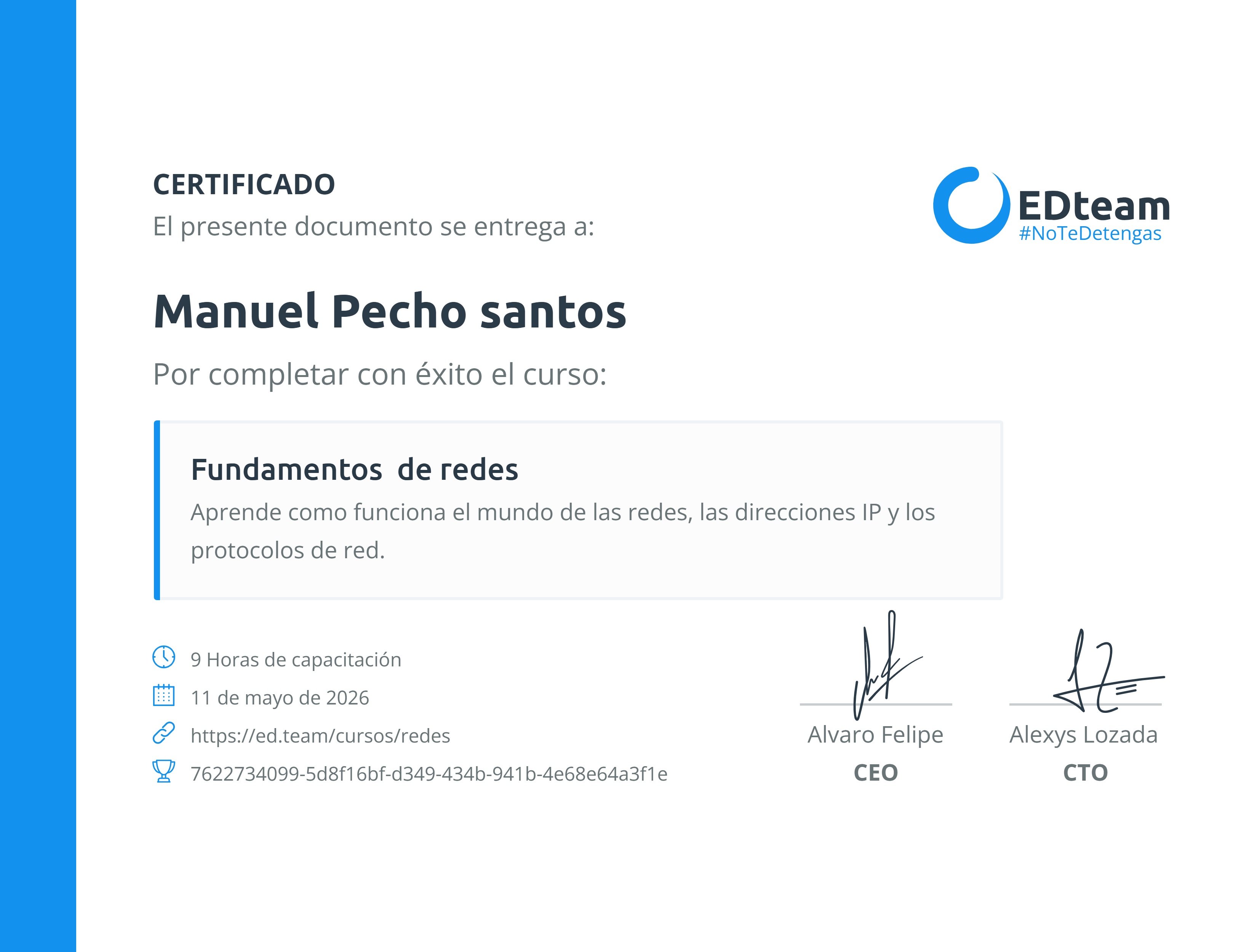Certificado de Manuel Pecho santos del curso Fundamentos de redes