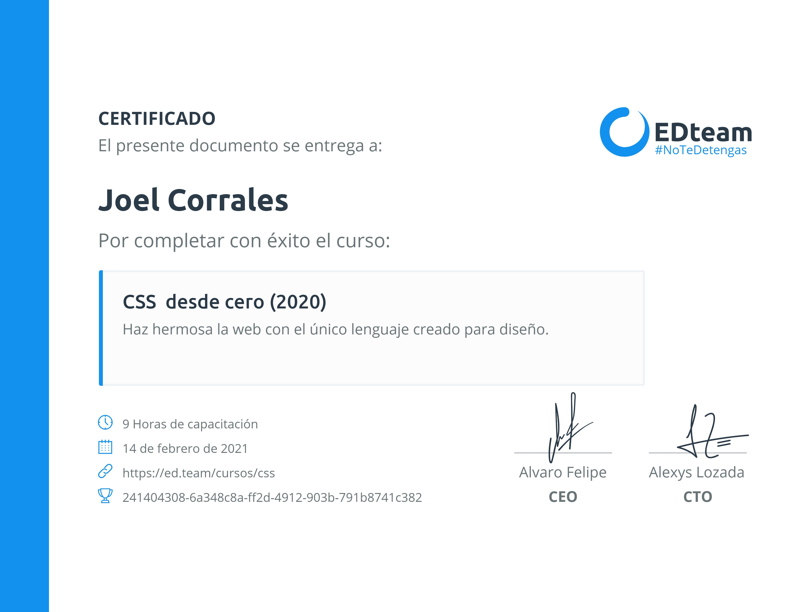 Certificado de Joel Corrales del curso CSS desde cero (2020)