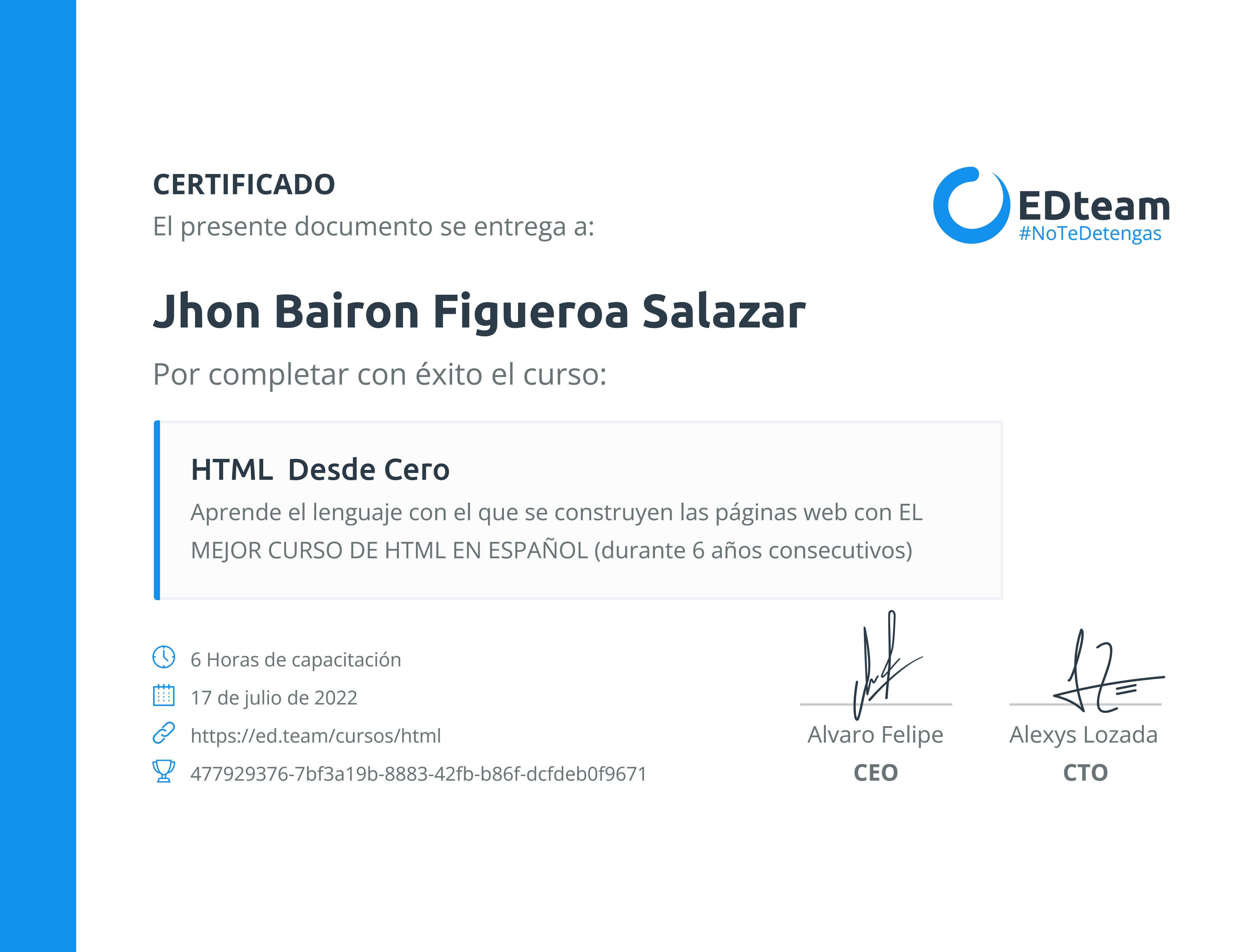 Certificado de Jhon Bairon Figueroa Salazar del curso HTML desde cero