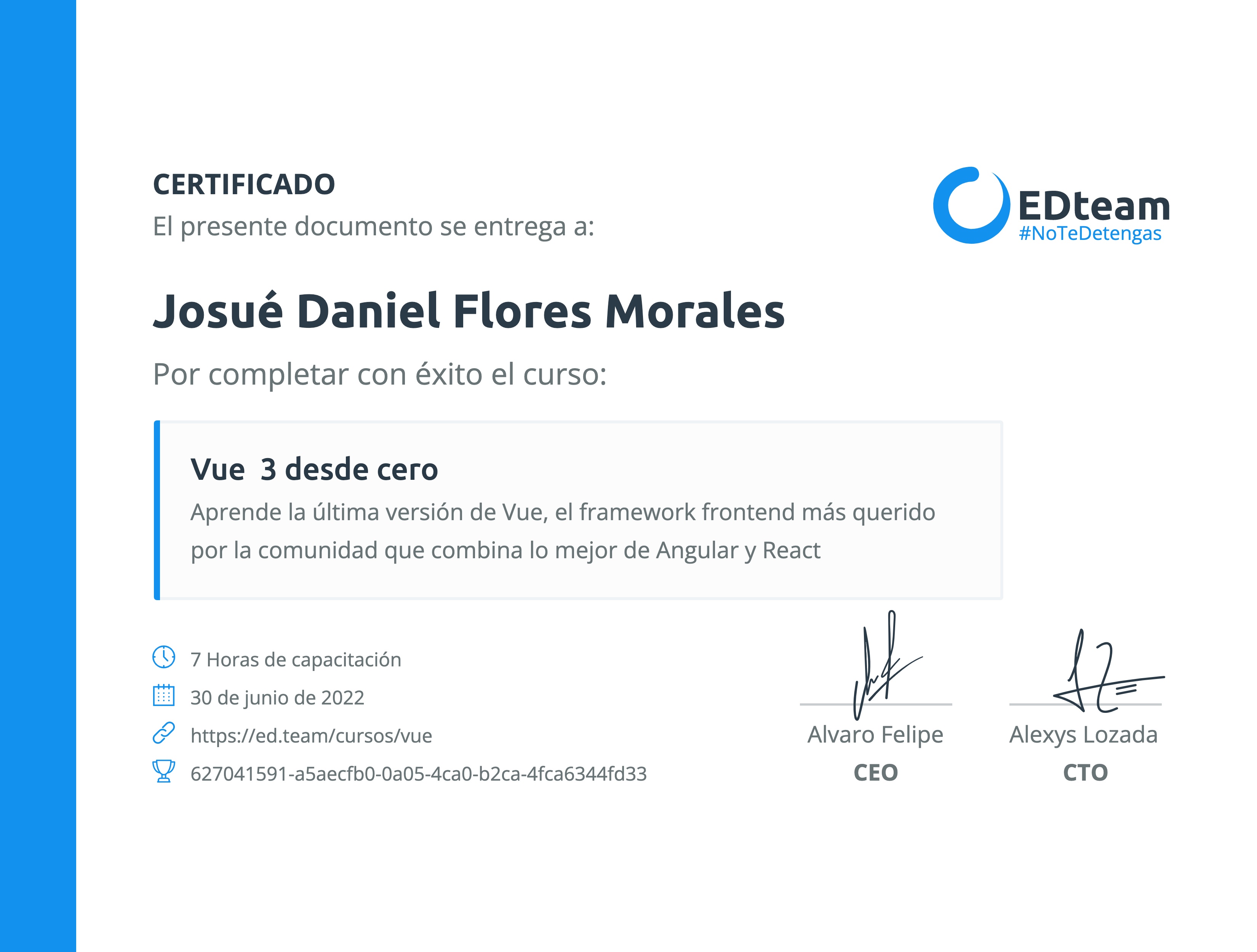 Certificado de Josué Daniel Flores Morales del curso Vue 3 desde cero