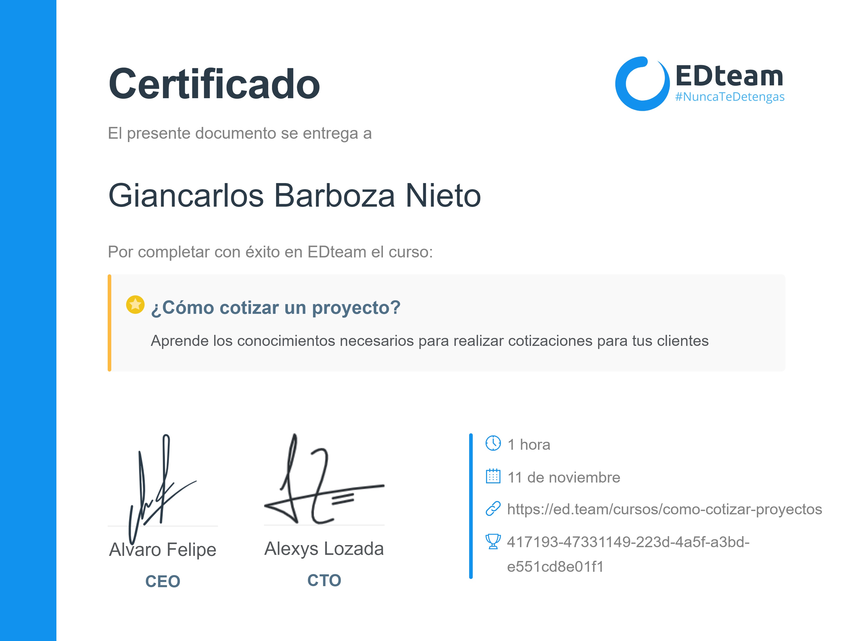 Certificado de Giancarlos Barboza del curso ¿Cómo cotizar tus proyectos? Parte 1