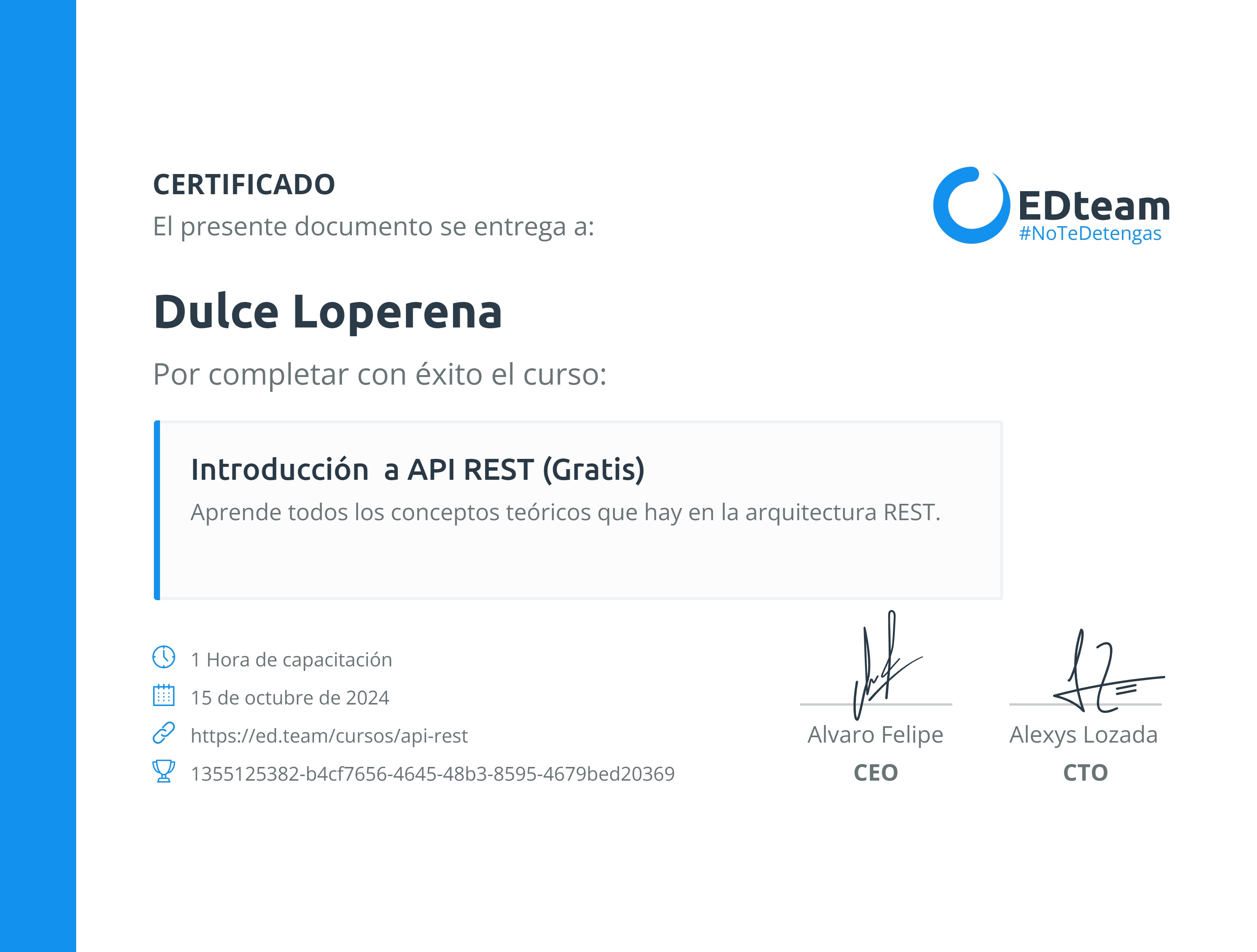 Certificado de Dulce Loperena del curso Introducción a API REST (Gratis)