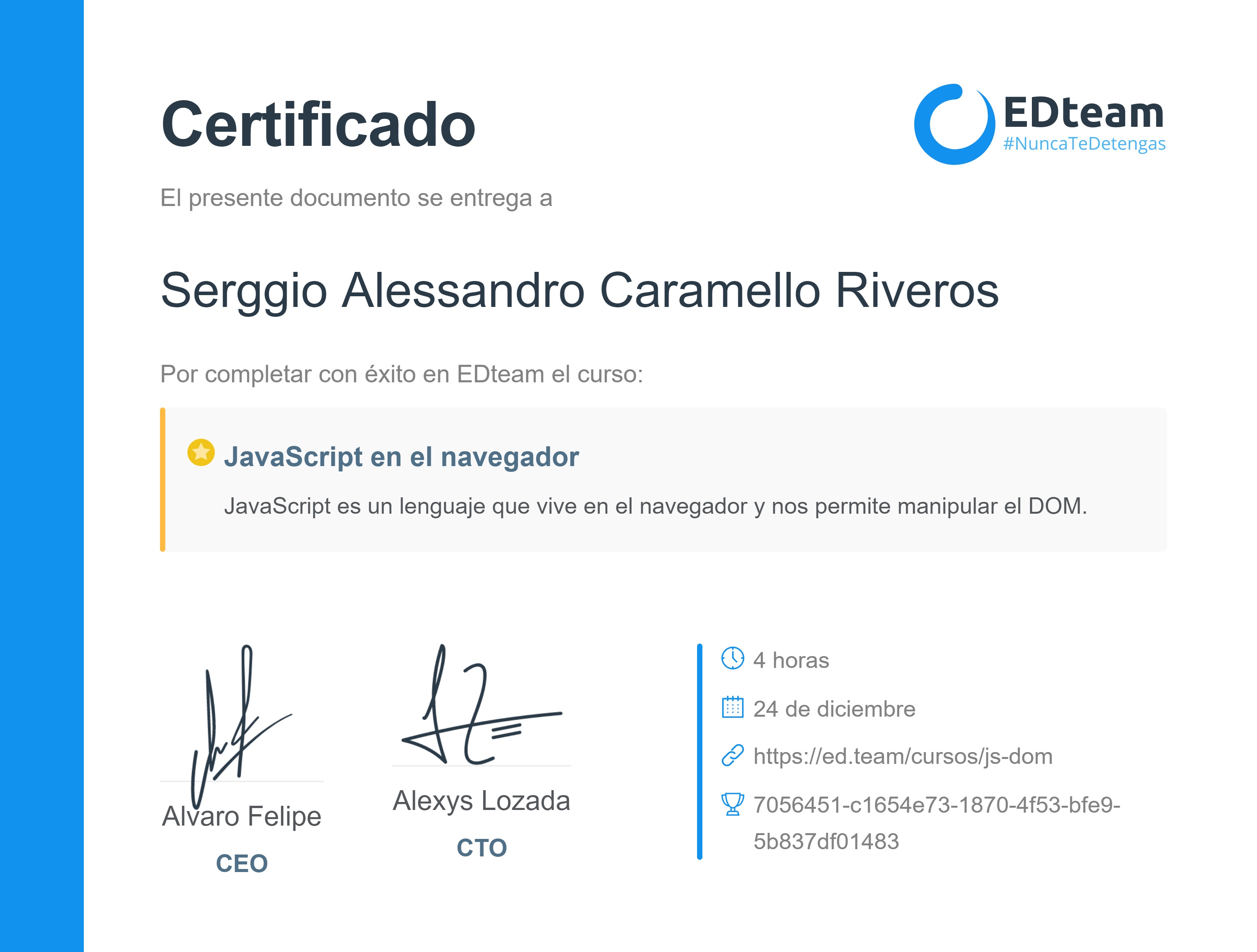 Certificado de Serggio Alessandro Caramello Riveros del curso JavaScript en el navegador
