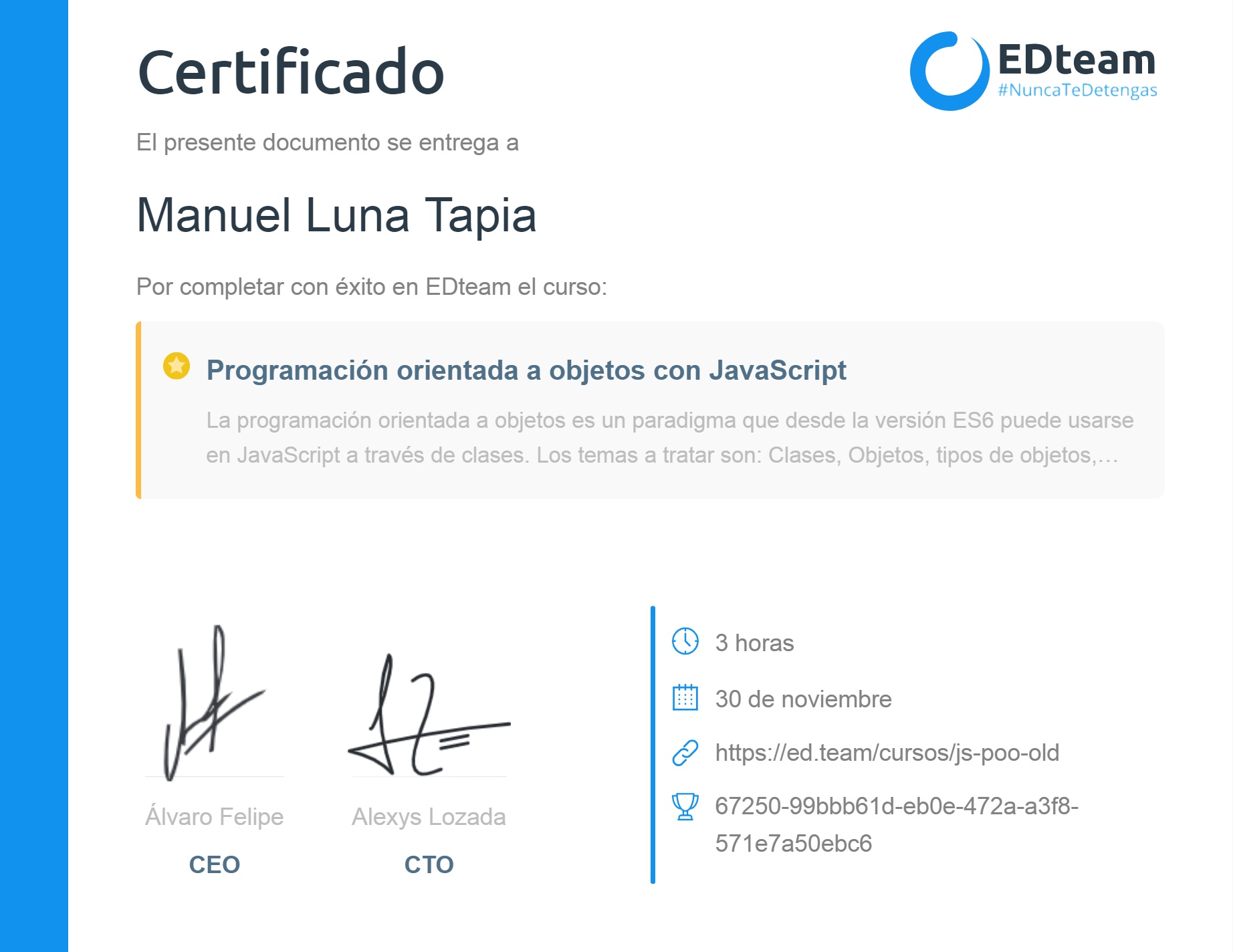 Certificado de Jose Manuel del curso Programación orientada a objetos con JavaScript (2018)