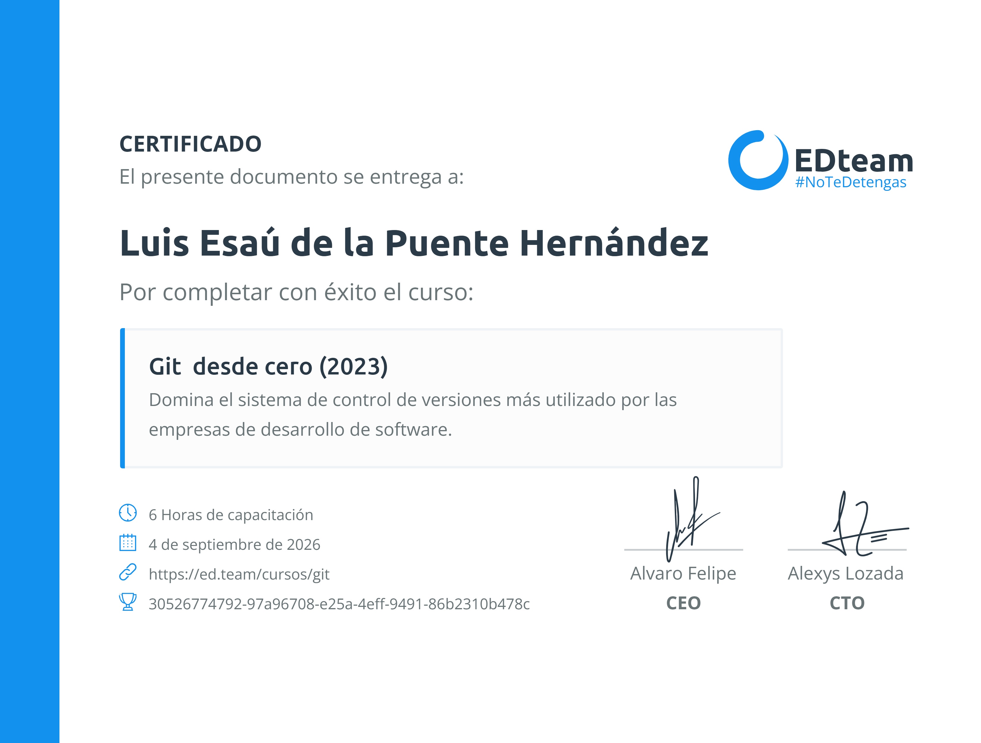 Certificado de Luis Esaú de la Puente Hernández del curso Git desde cero (2023)