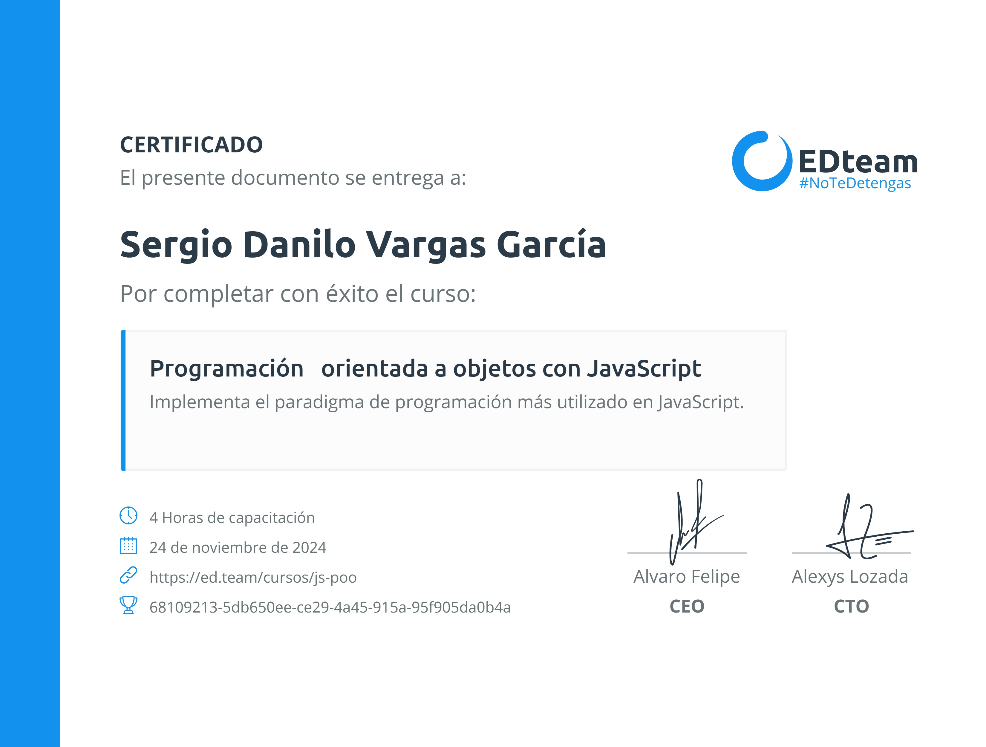 Certificado de Sergio Danilo Vargas García del curso Programación orientada a objetos con JavaScript