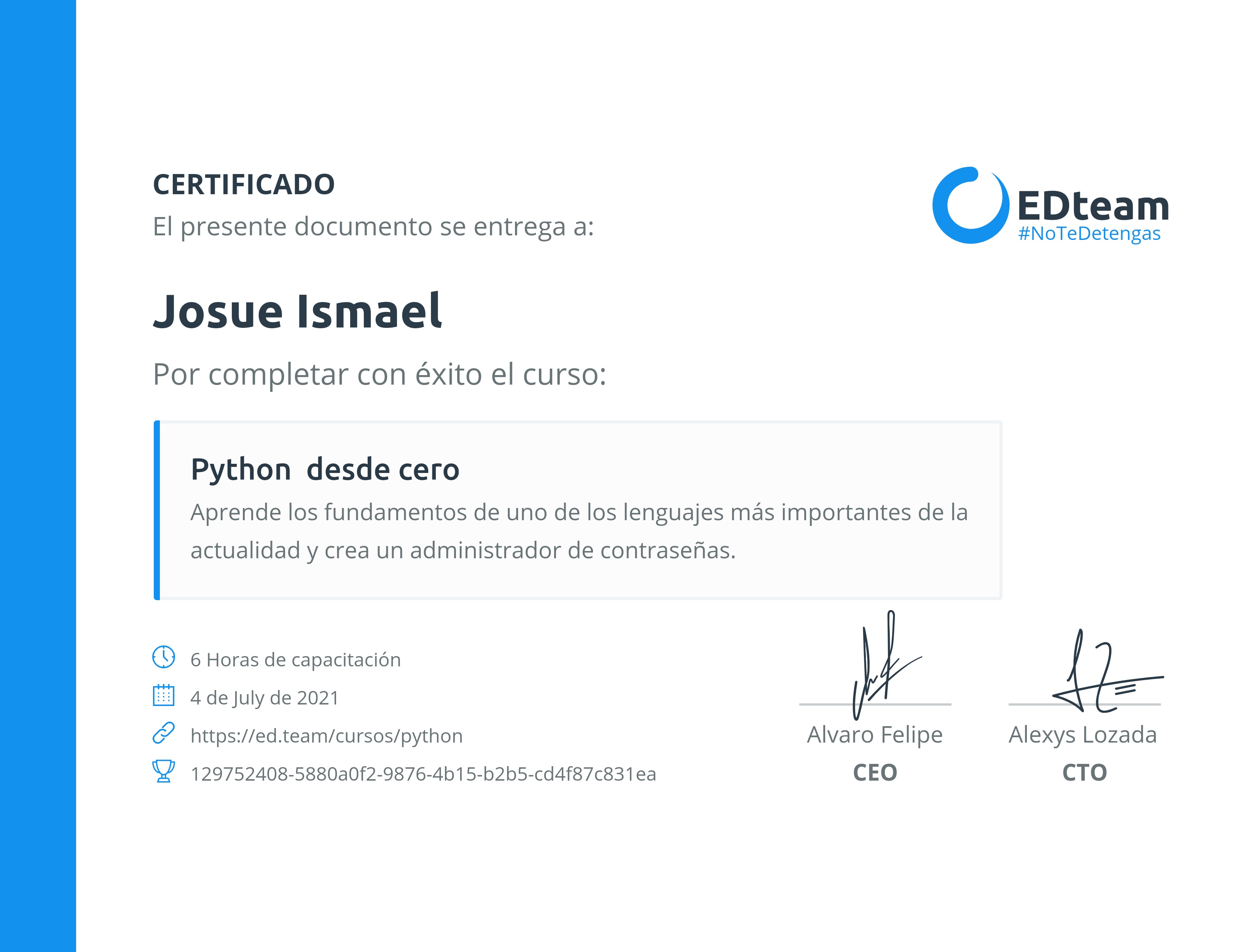 Certificado de Josue Ismael del curso Python desde cero (2020)