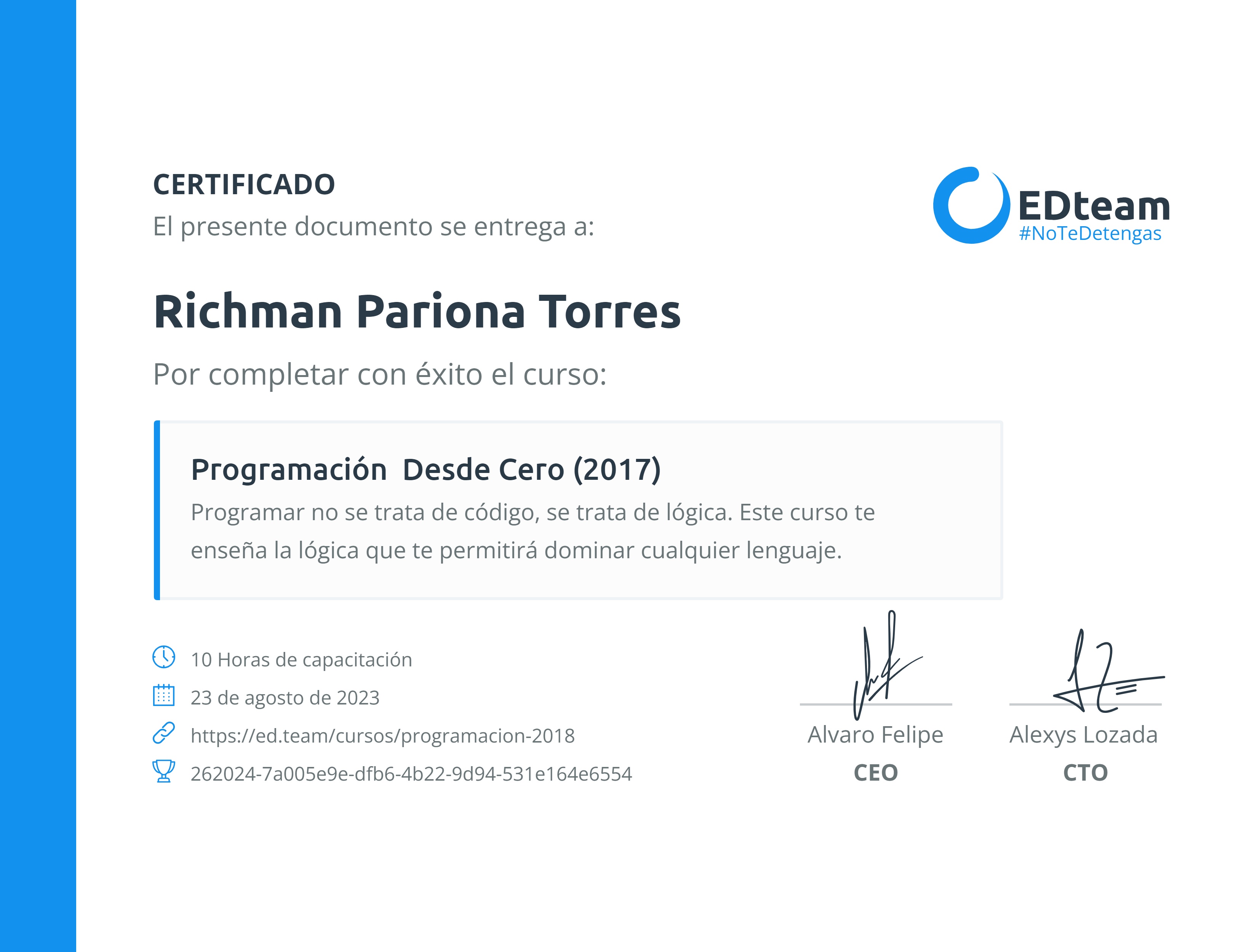 Certificado de Richman Pariona Torres del curso Programación Desde Cero (2017)