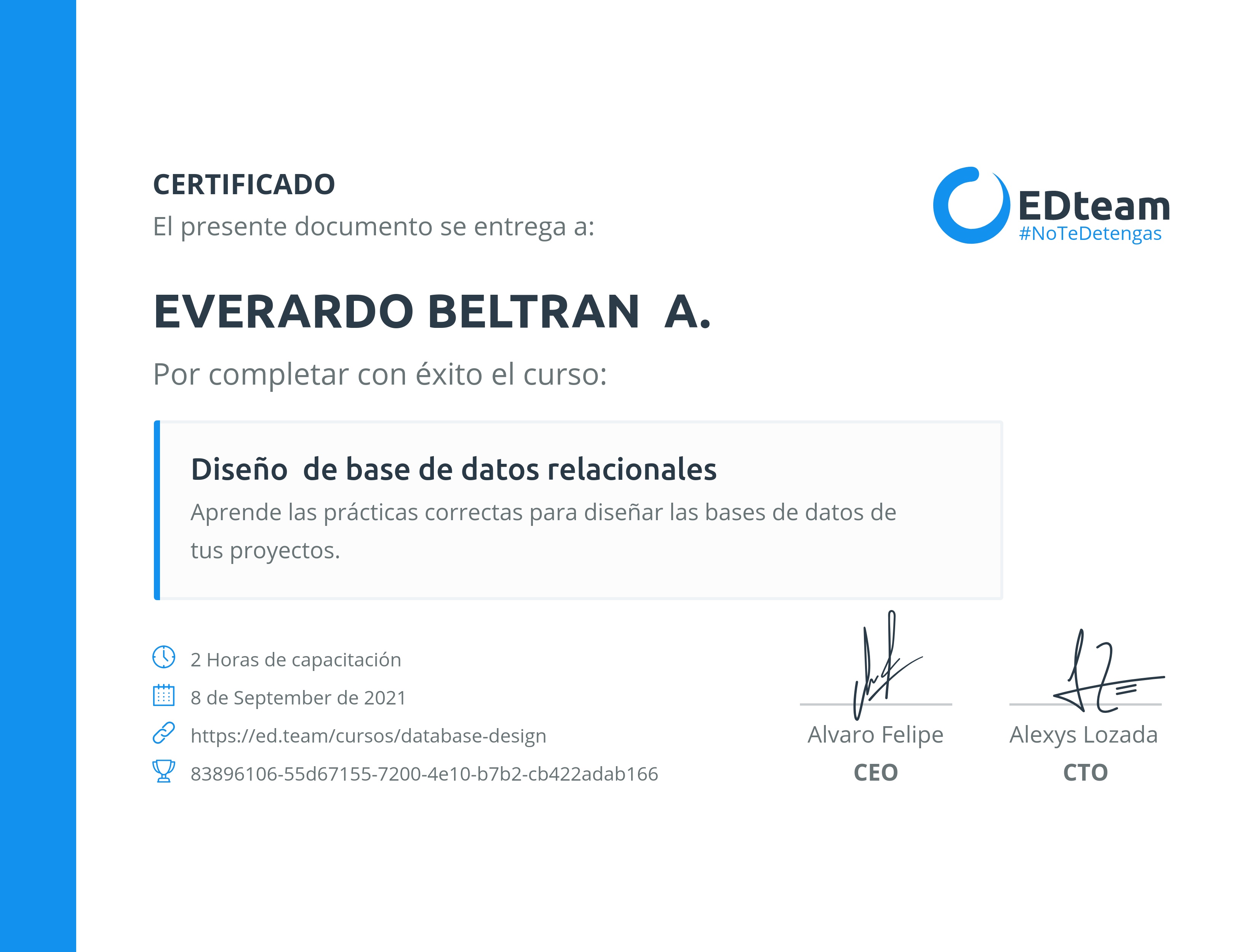 Certificado de ISAACK Seamus del curso Diseña bases de datos relacionales con buenas prácticas